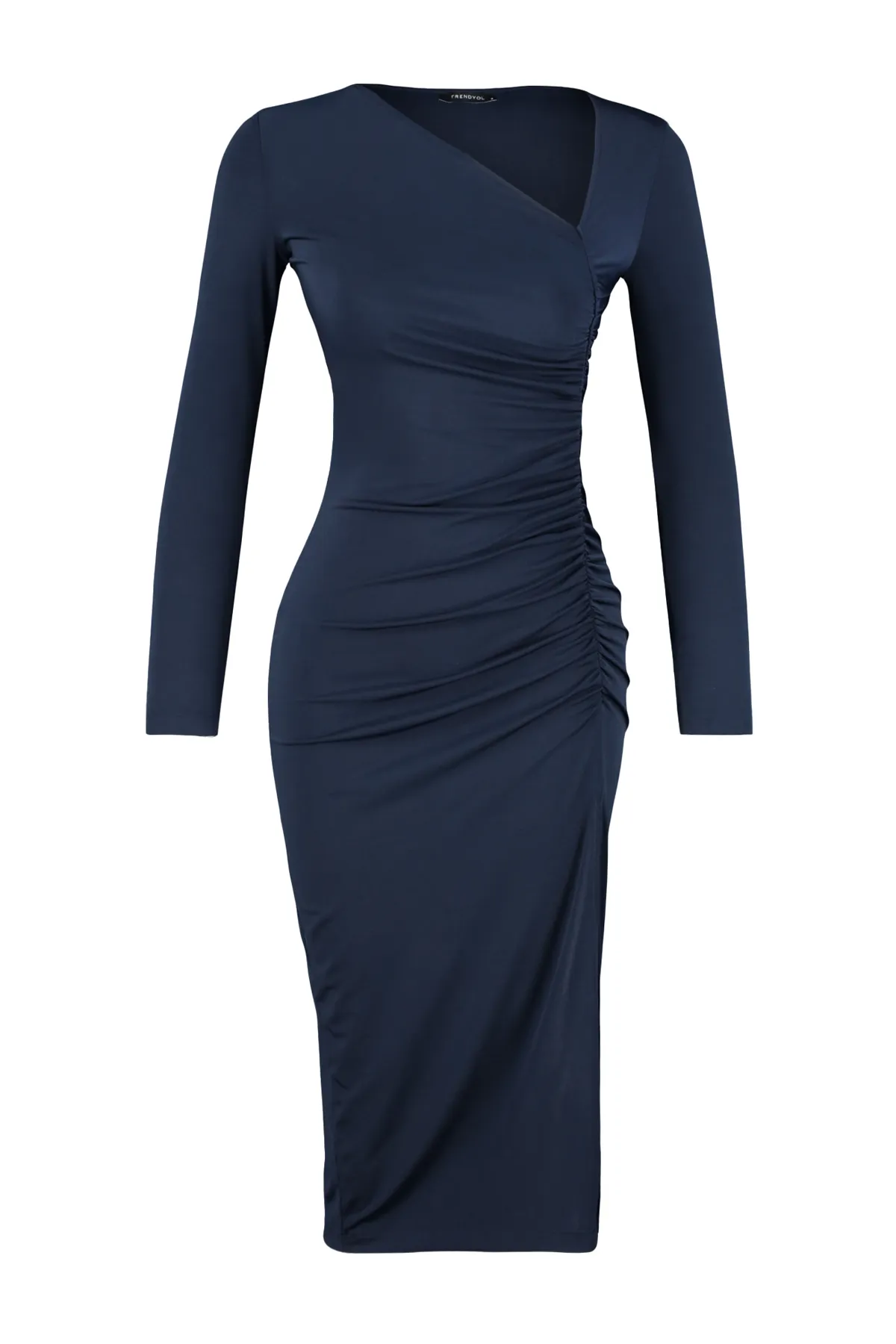 Trendyol Collection  Marineblaues, geschlitztes Midi-Strickkleid mit asymmetrischem Kragen TWOAW24EL00118