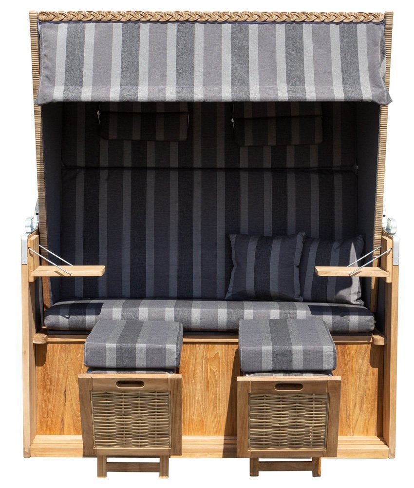 Trendyshop365 Strandkorb extra breit, BxTxH: 140,00x80,00x160,00 cm, Halblieger, Ostsee-Modell, (XL 2-Sitzer), Teakholz, komplett fertig montiert, mit 4 Rollen