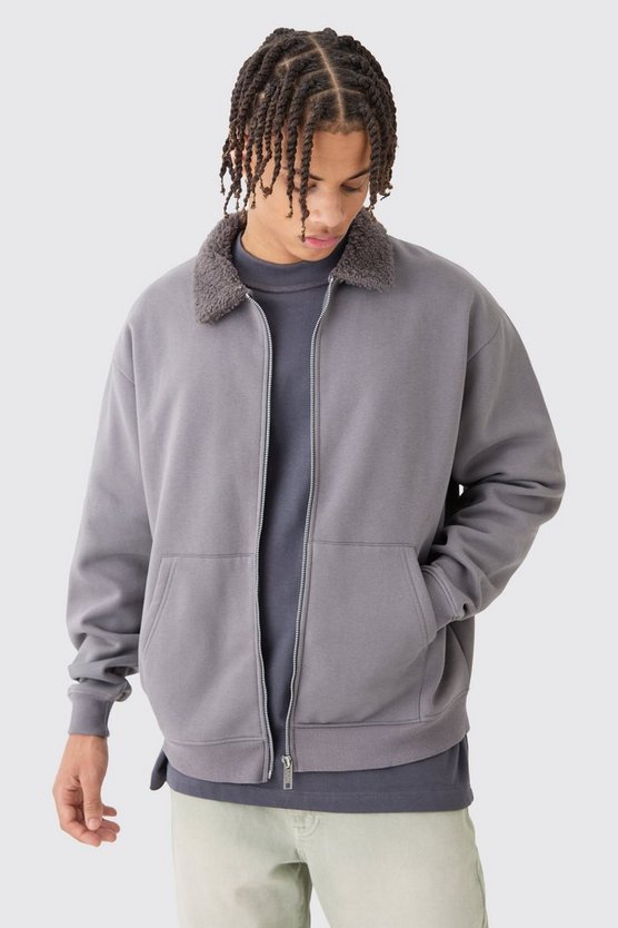 Oversize Jersey-Bomberjacke mit Borg-Kragen