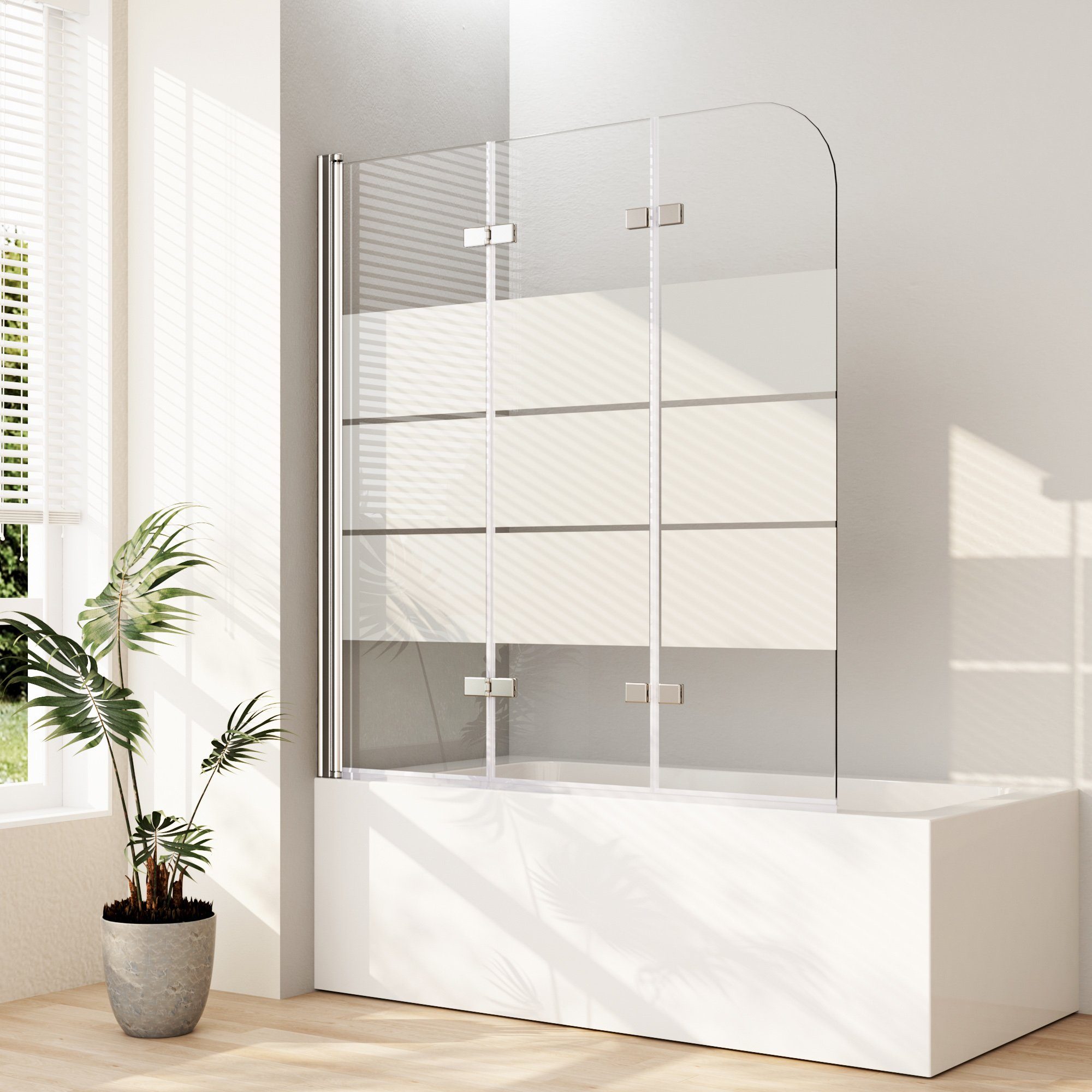 Boromal Badewannenfaltwand Badewannenaufsatz 140 x 140cm 3 teilig 180° faltbar Milchglas Klarglas, 5mm Sicherheitsglas, Rechts-und Links montierbar, Hebe- / Senkfunktion