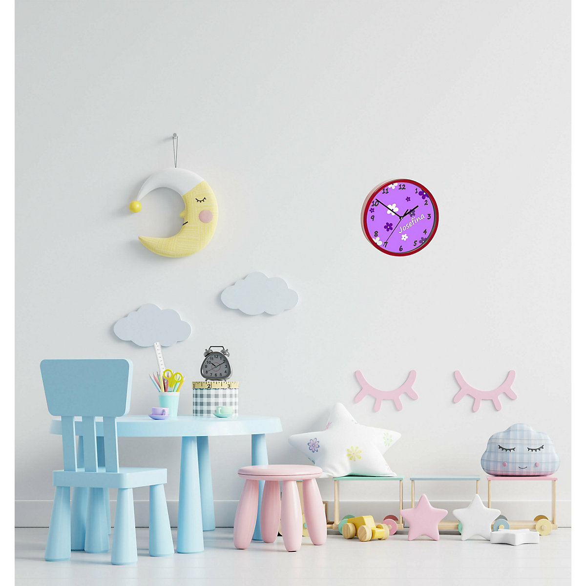 Kinder Wanduhr personalisiert mit Name Blumen Lila