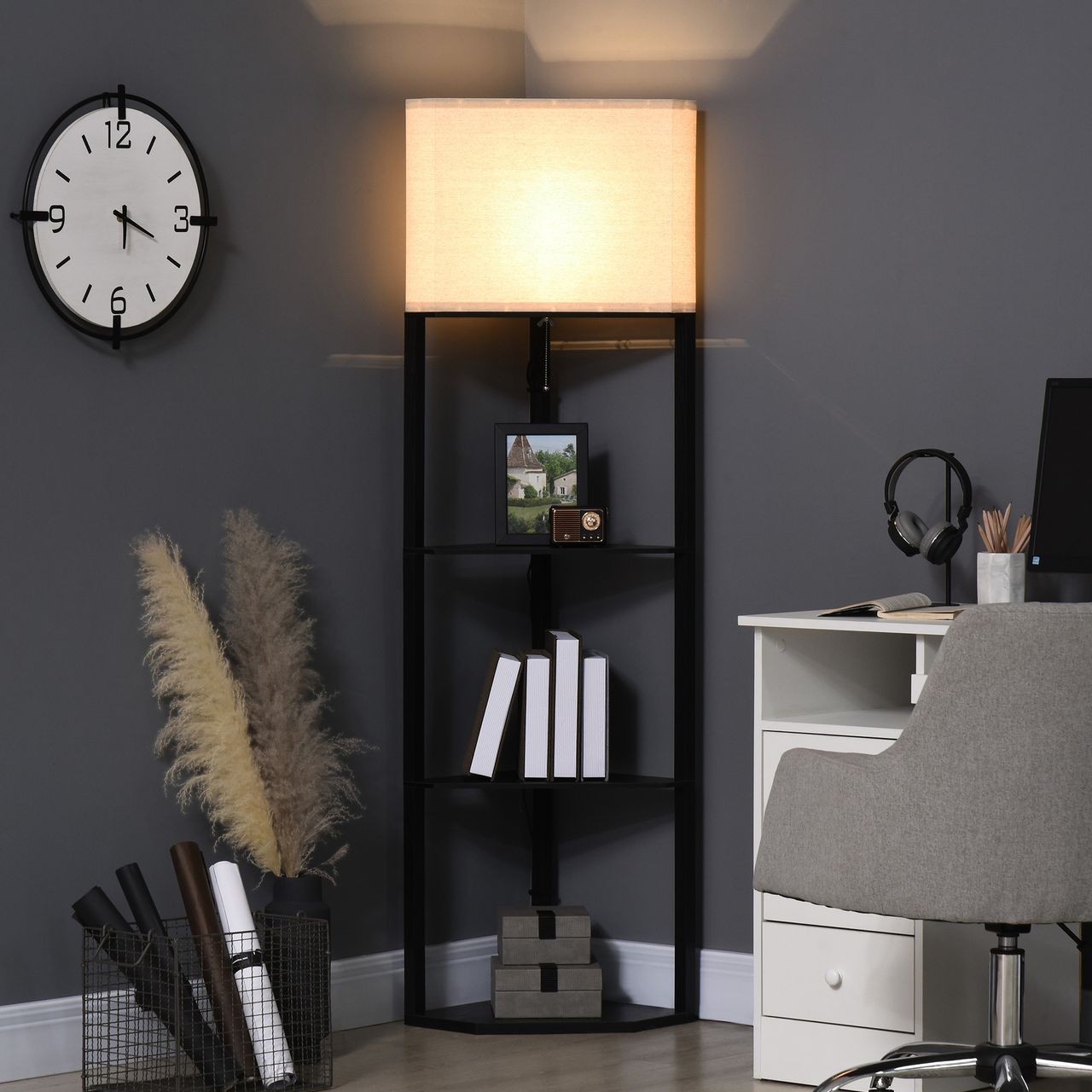 HOMCOM Stehlampe Stehleuchte mit 3 Fächern, 40 W Standlampe mit E27 Fassung Weiß