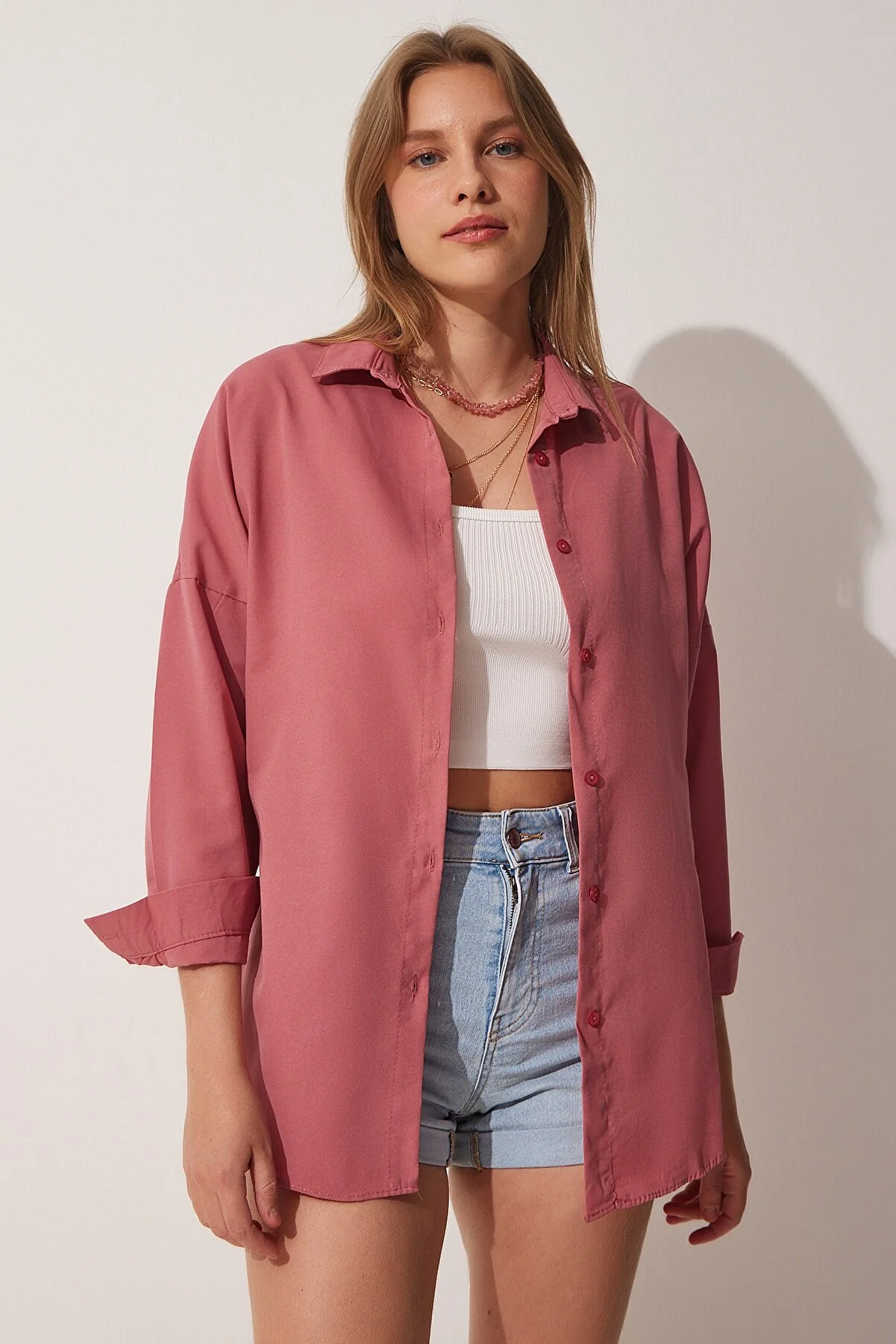 Happiness İstanbul  Damen Oversized Basic Shirt, Dunkelrosa, Getrocknet DD00842