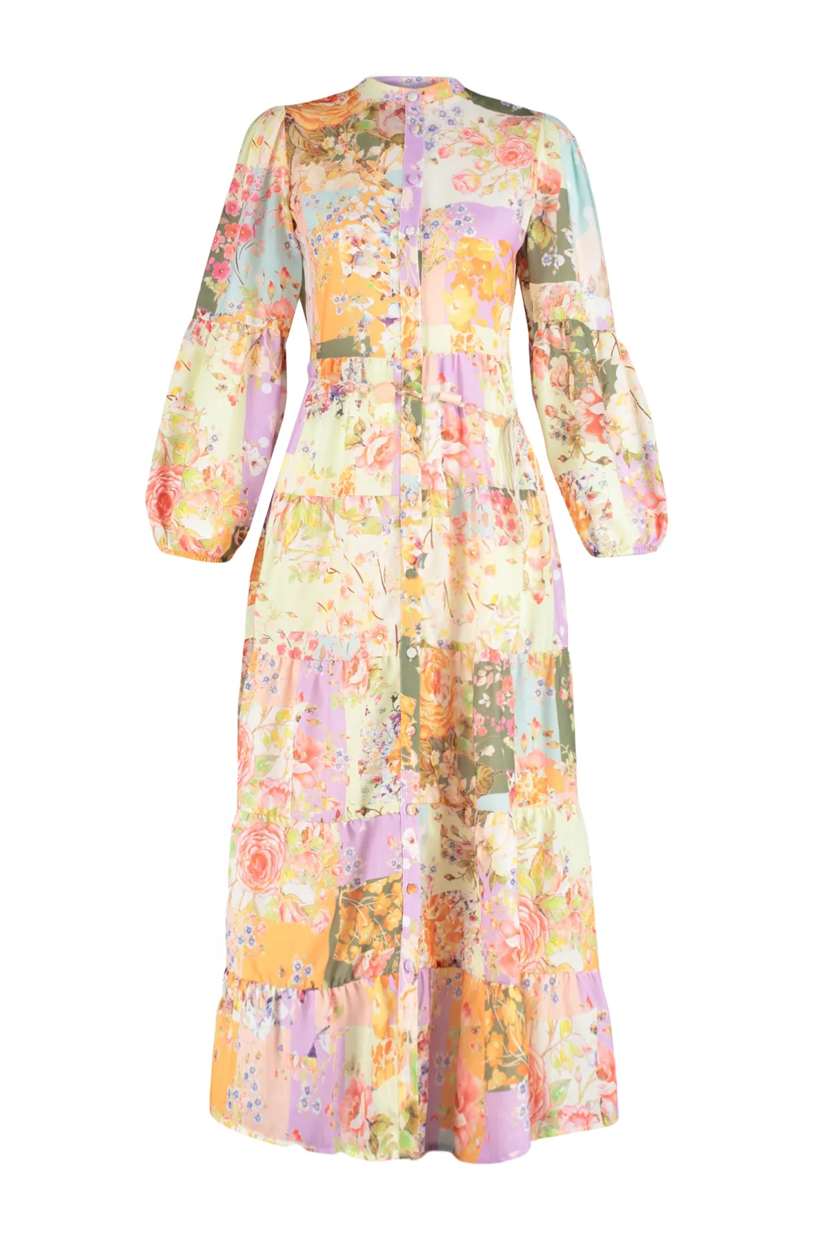 Trendyol Modest  Mehrfarbiges, floral gemustertes, gewebtes Kleid in Leinenoptik mit Gürteldetail TCTSS24EB00042