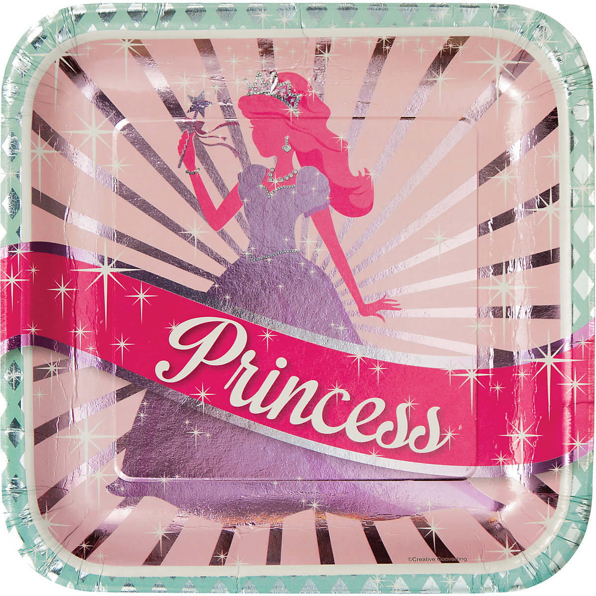 Papp-Partyteller Ø 23 cm quadratisch Prinzessin, 8 Stück, folienbeschichtet