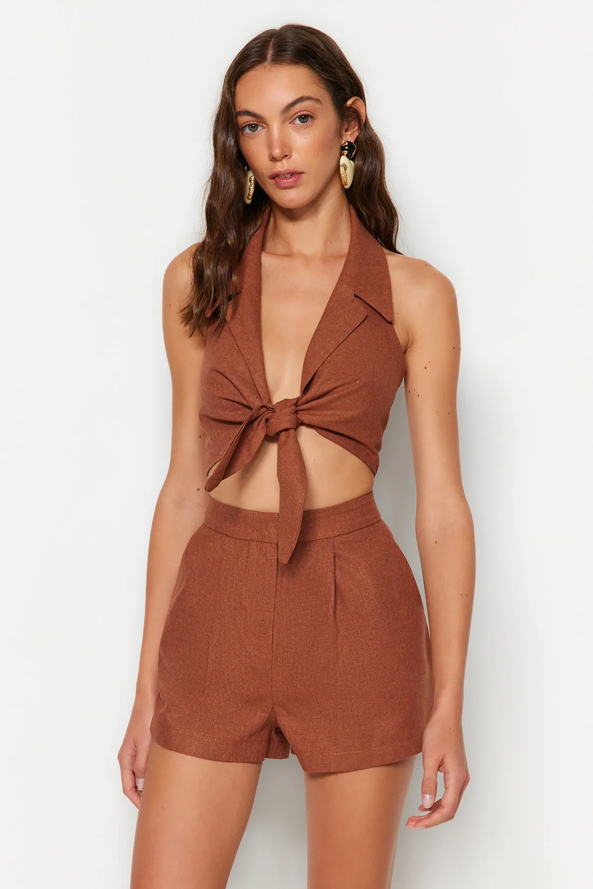 Trendyol Collection  Tile Crop Woven Gebundenes Unter-Oberteil-Set TBESS21AU0298
