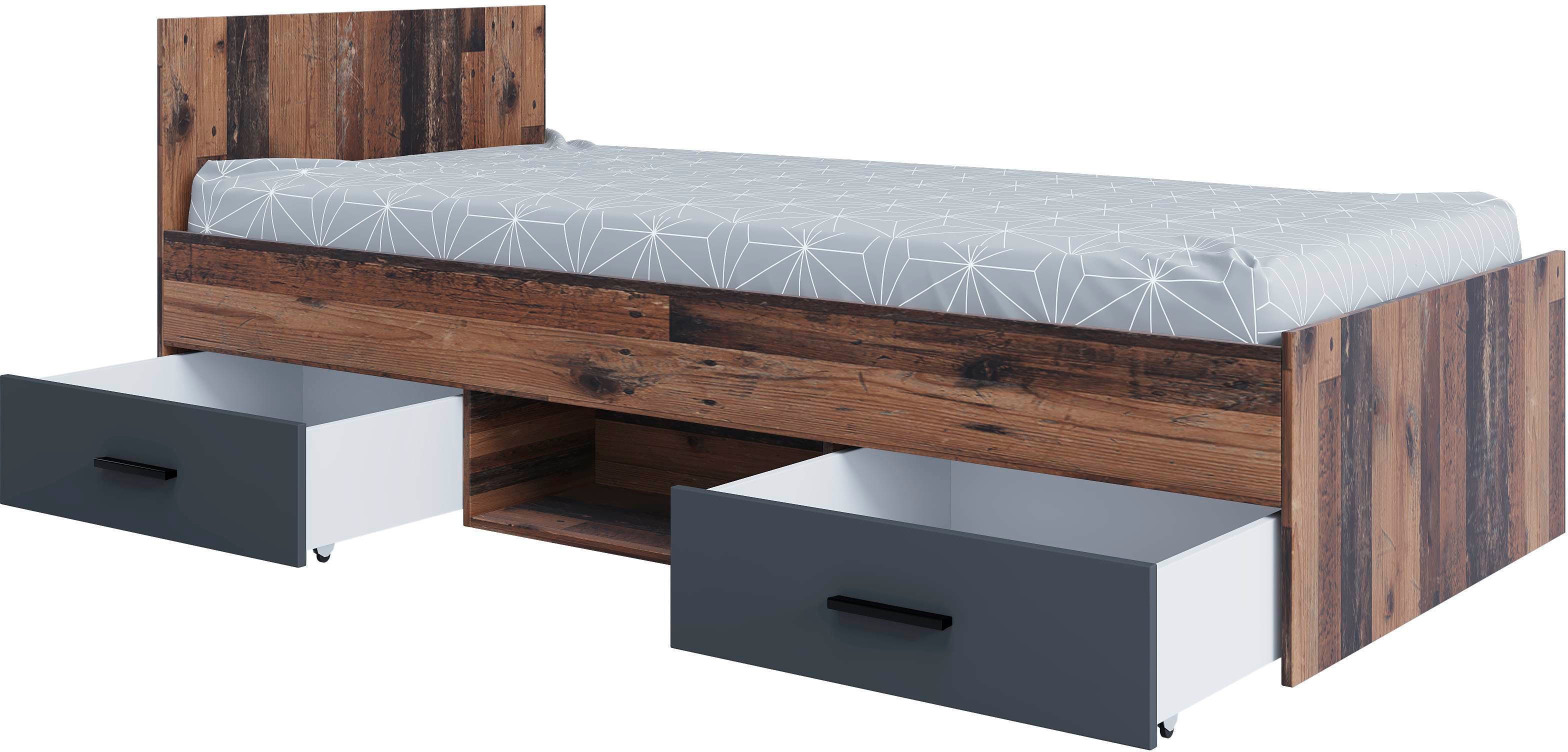 Home affaire Jugendzimmer-Set Nonjoo-Teen, (3-St), Industrial Style, Bett mit Stauraum + Nachttisch + 3er Kleiderschrank
