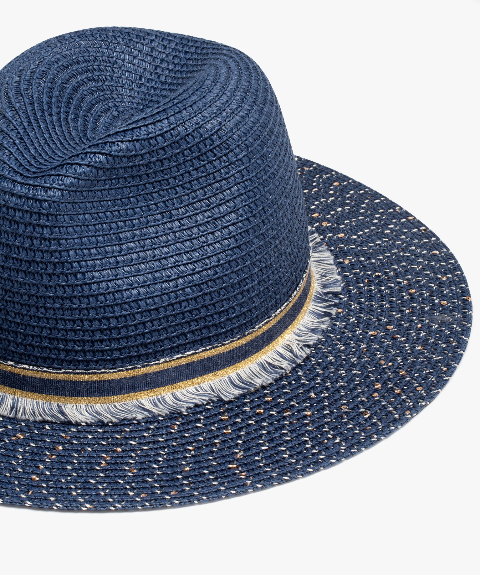 Chapeau en paille de papier avec touches pailletées femme bleu | GEMO