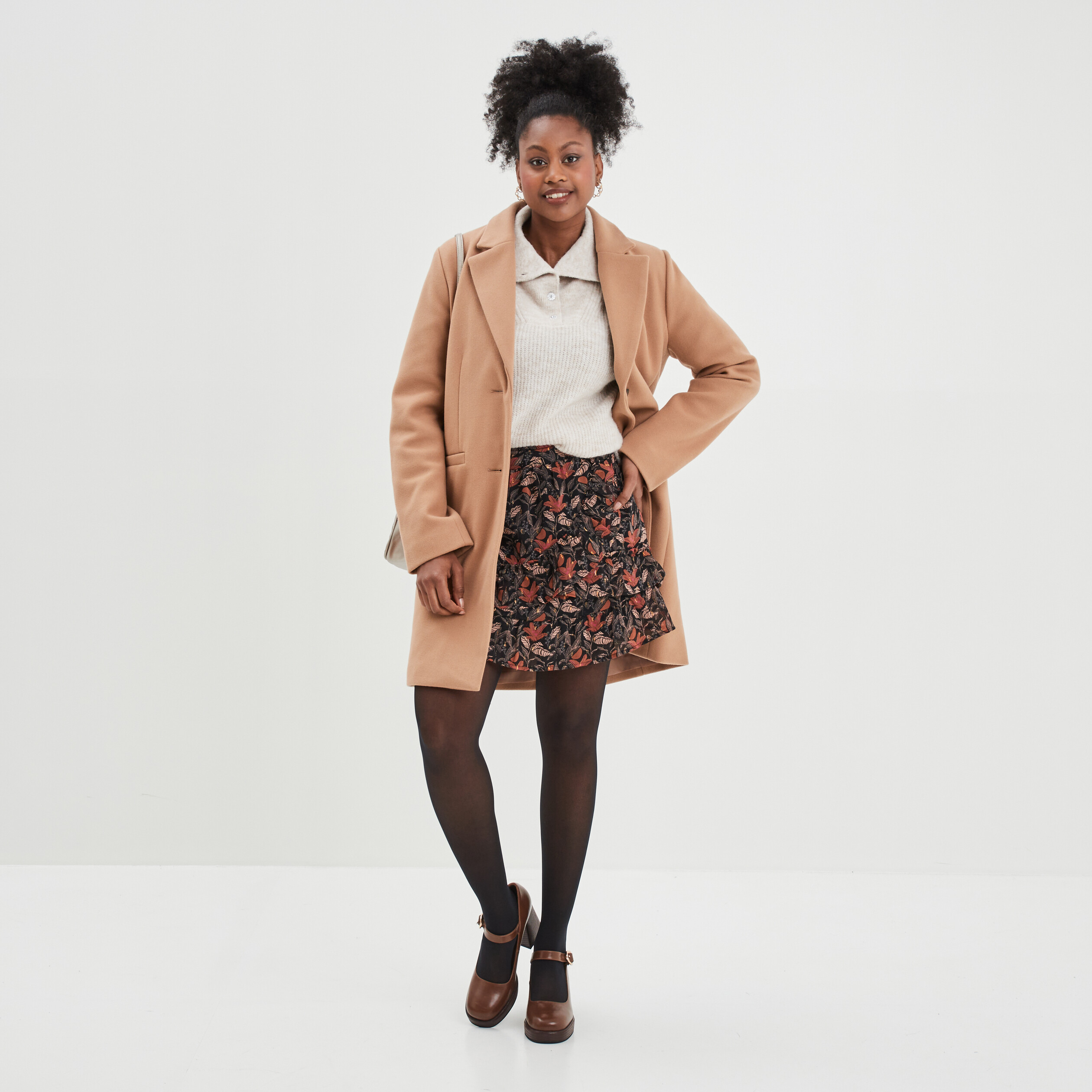 Manteau doublé long droit boutonné marron clair femme | La Halle