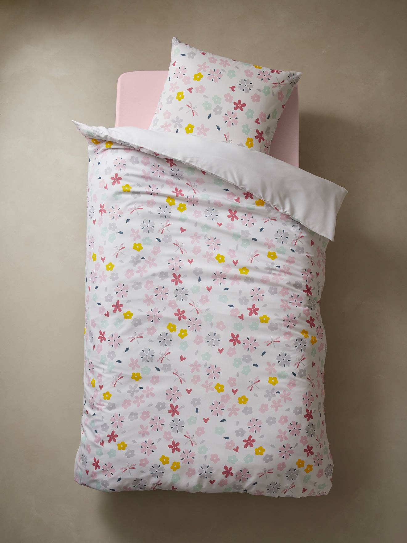 Parure housse de couette + taie d'oreiller enfant polyester et coton FLOR'AILES blanc imprimé