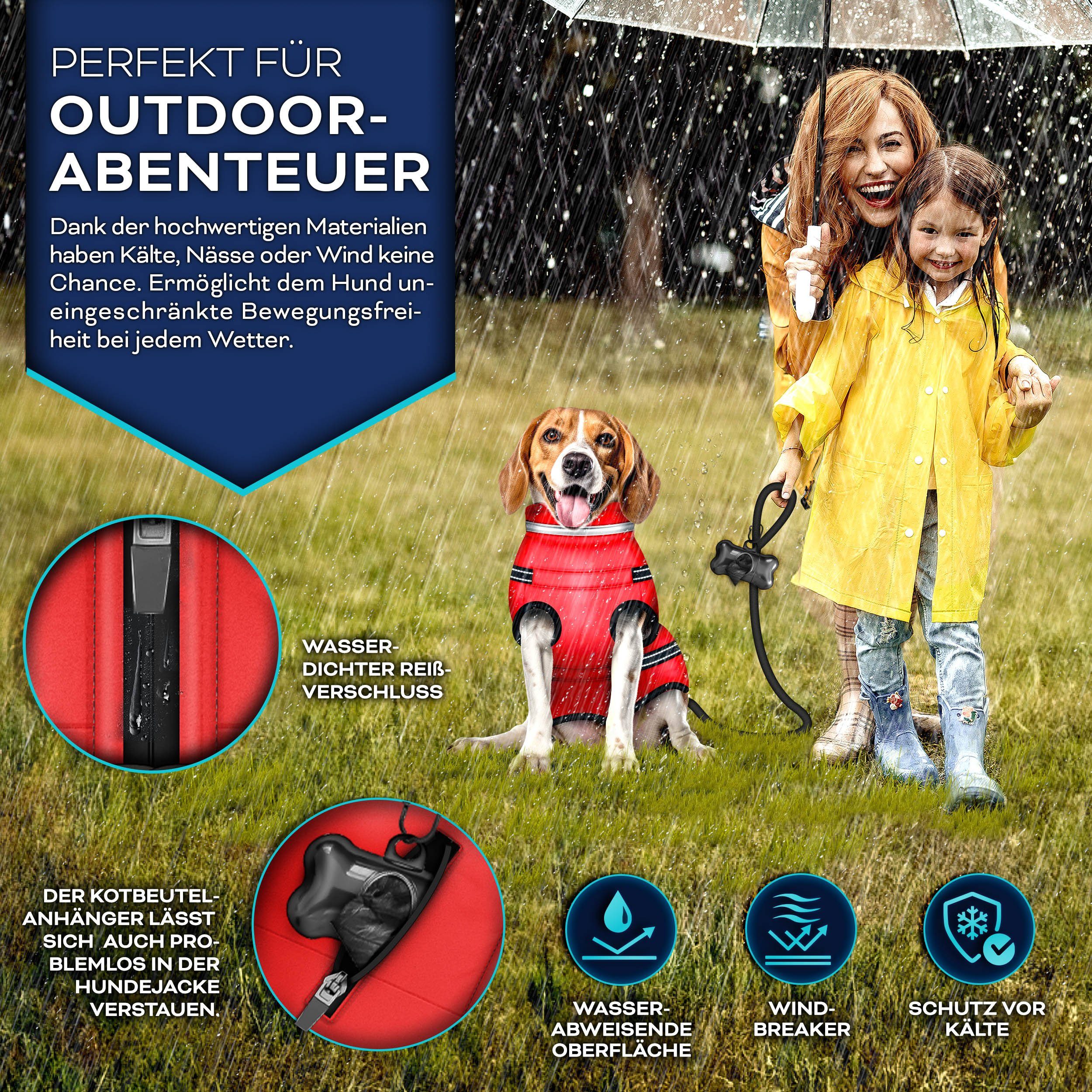 TRESKO Hundejacke Winter mit Reflektoren inkl. 15 Stück Kotbeutel, + Spender Hunderegenmantel wasserdicht Hundemantel mit Geschirr Weste