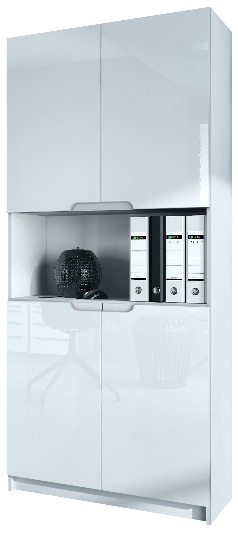 Vladon Aktenschrank Logan (Aktenschrank, mit 5 Fächern und 4 Türen) Weiß matt/Weiß Hochglanz (82 x 184 x 37 cm)