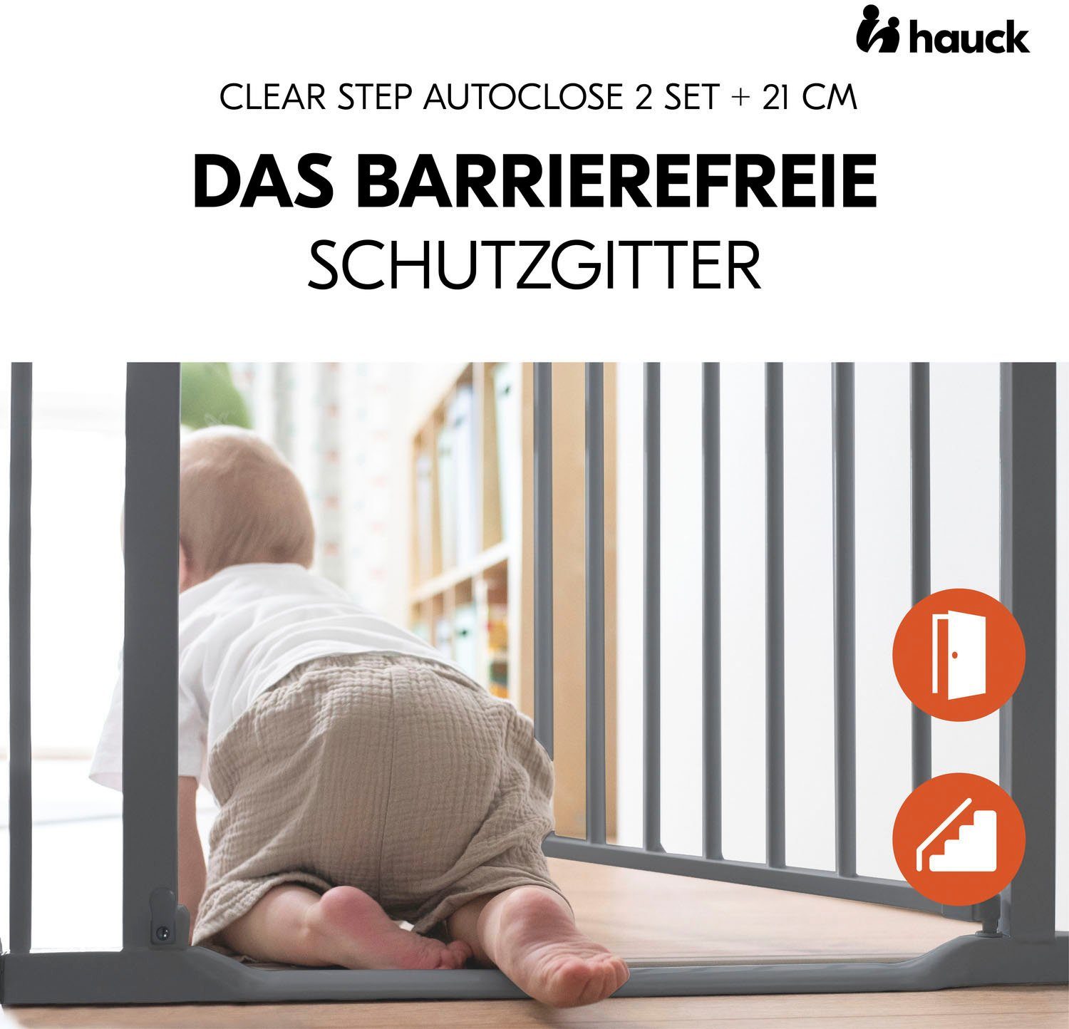 Hauck Türschutzgitter Clear Step Autoclose 2 Set +21cm, Dark Grey, auch als Treppenschutzgitter verwendbar