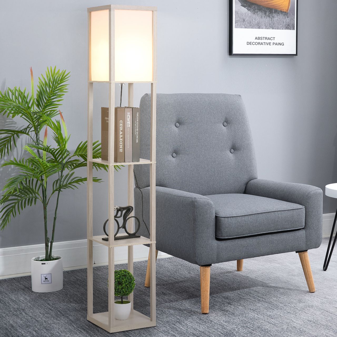 HOMCOM Stehleuchte Beleuchtung mit 3 Regalen E27 bis 40W E1-MDF Eiche Weiß