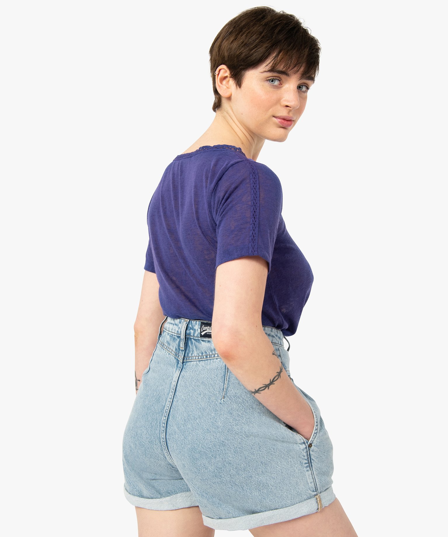 Tee-shirt femme à manches courtes en maille fine bleu fonce | GEMO