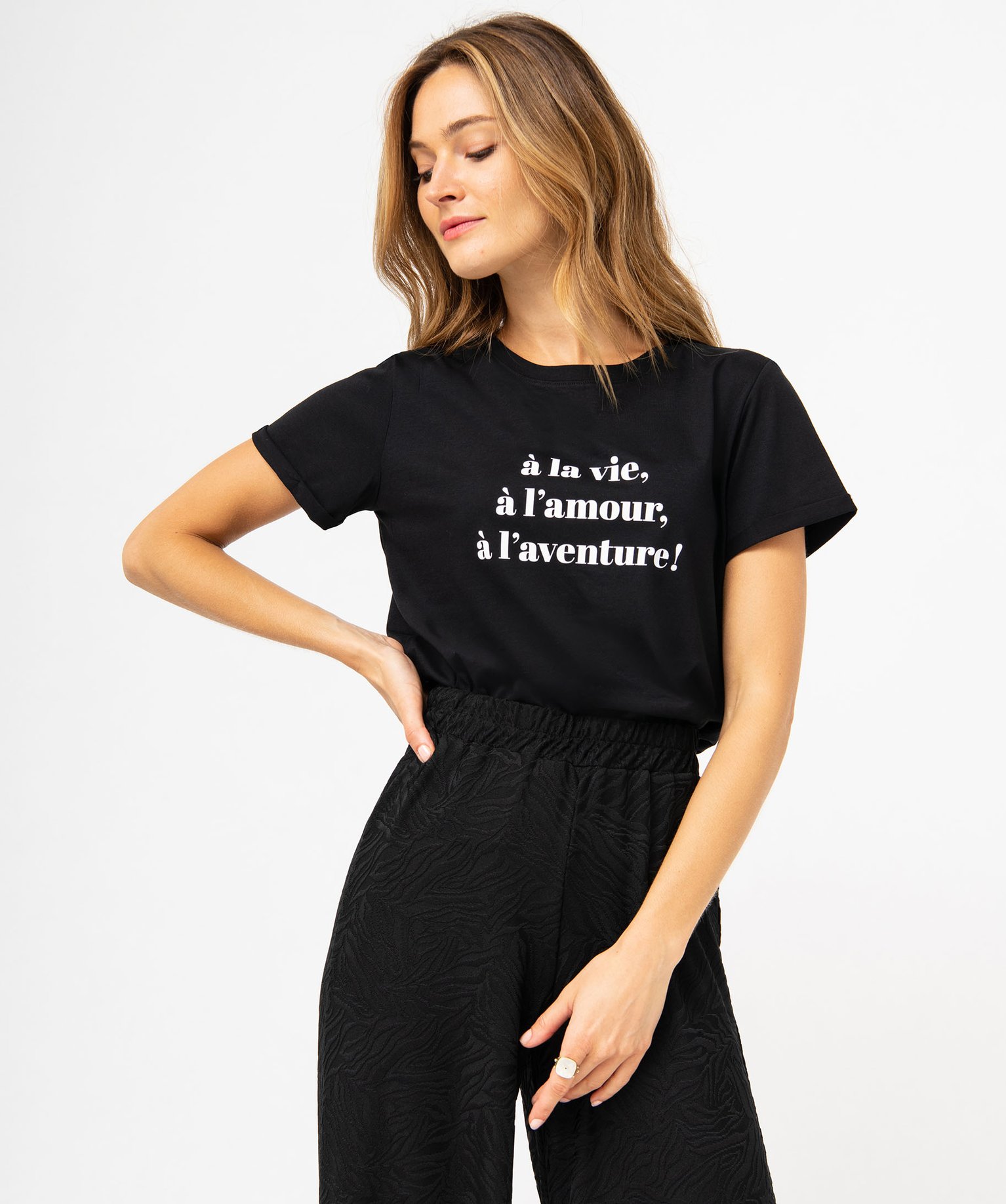 Tee-shirt à manches courtes avec message femme noir | GEMO