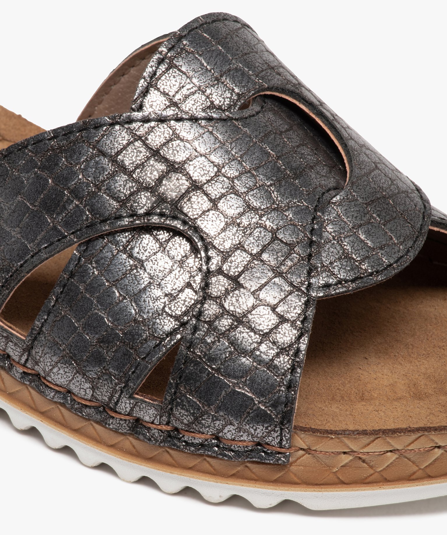 Mules femme à talon plat confort et larges brides metallise | GEMO
