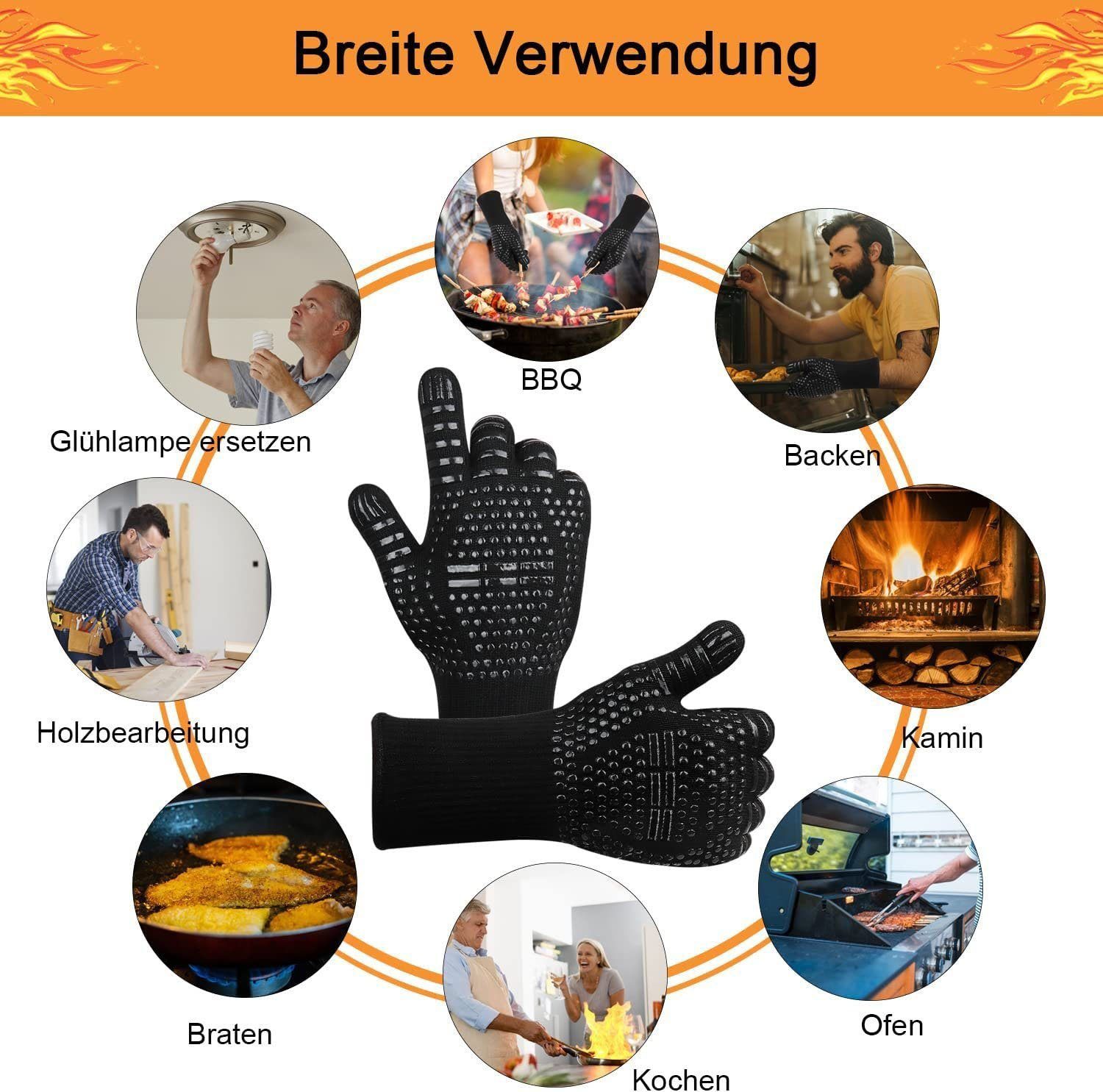 YYV Topflappen Hitzebeständig 800 Grad,Feuerfeste Handschuhe mit Silikonbeschichtung, rutschfeste Waschbare Weber Grill Handschuh BBQ Gloves für BBQ,Backen