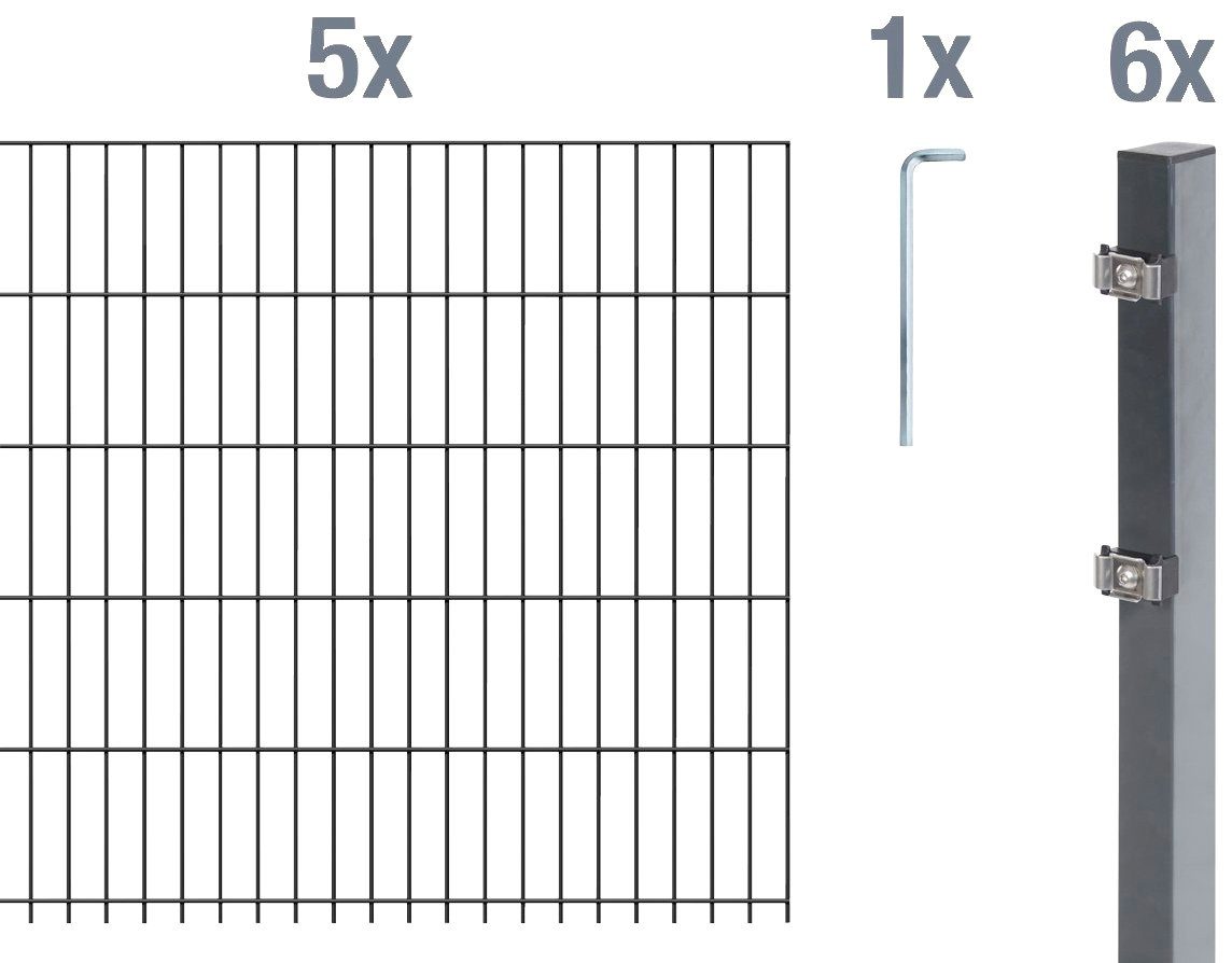 Alberts Doppelstabmattenzaun, (Set), anthrazit, 140 cm hoch, 5 Matten für 10 m, 6 Pfosten