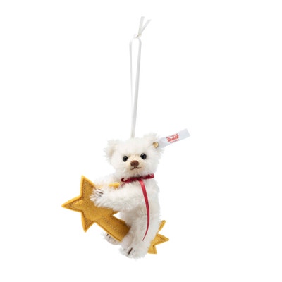 Teddybär Ornament auf Sternschnuppe, 11 cm, weiß