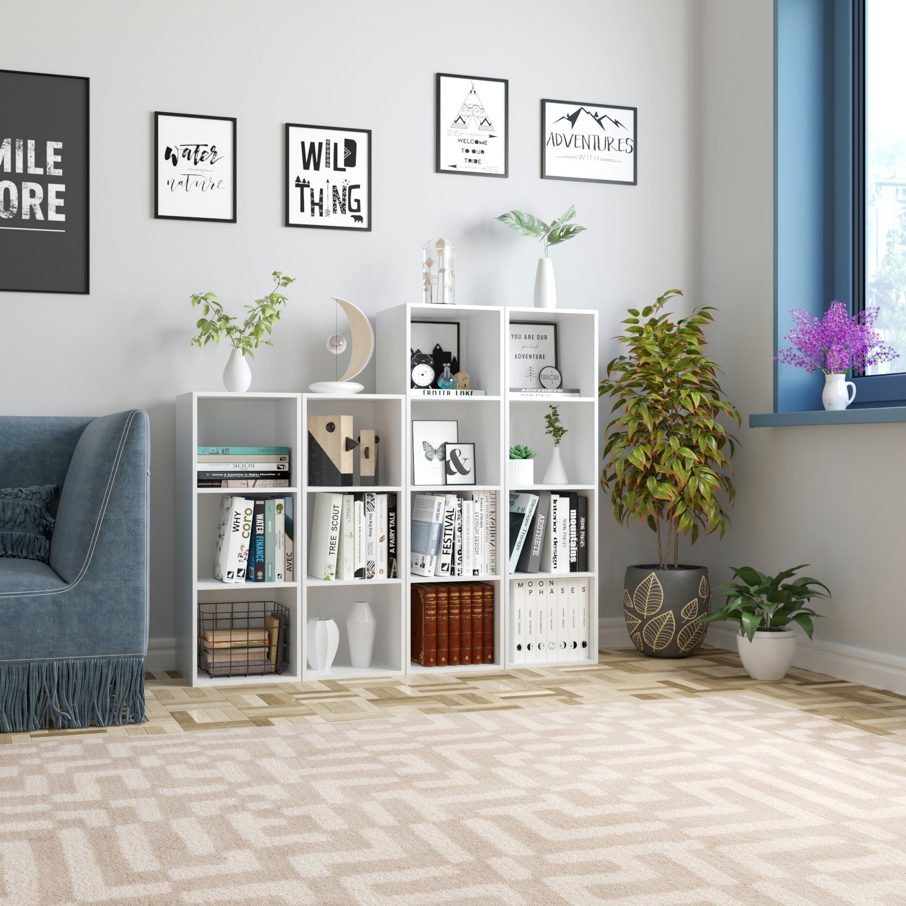 Homfa Bücherregal, Standregal mit 3 Fächern, Würfelregal, Holzregal, Landhaus Regal