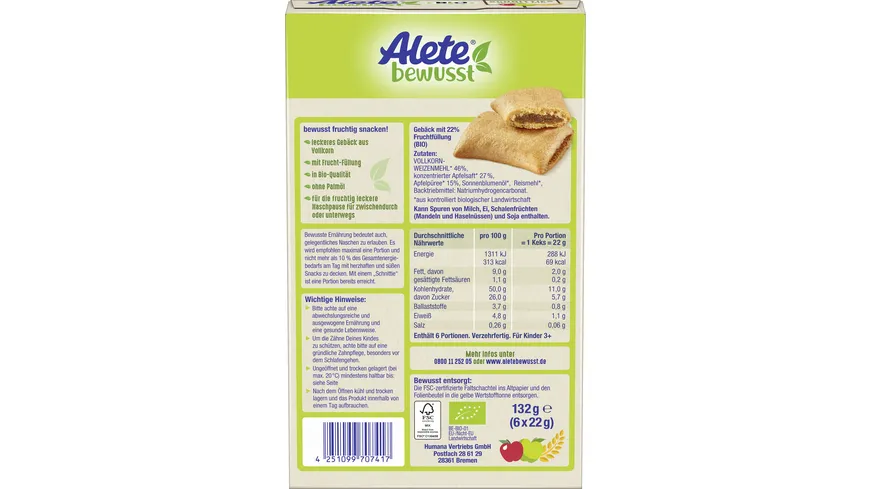 Alete Bio Schnitties Vollkorn & Apfel 132 g