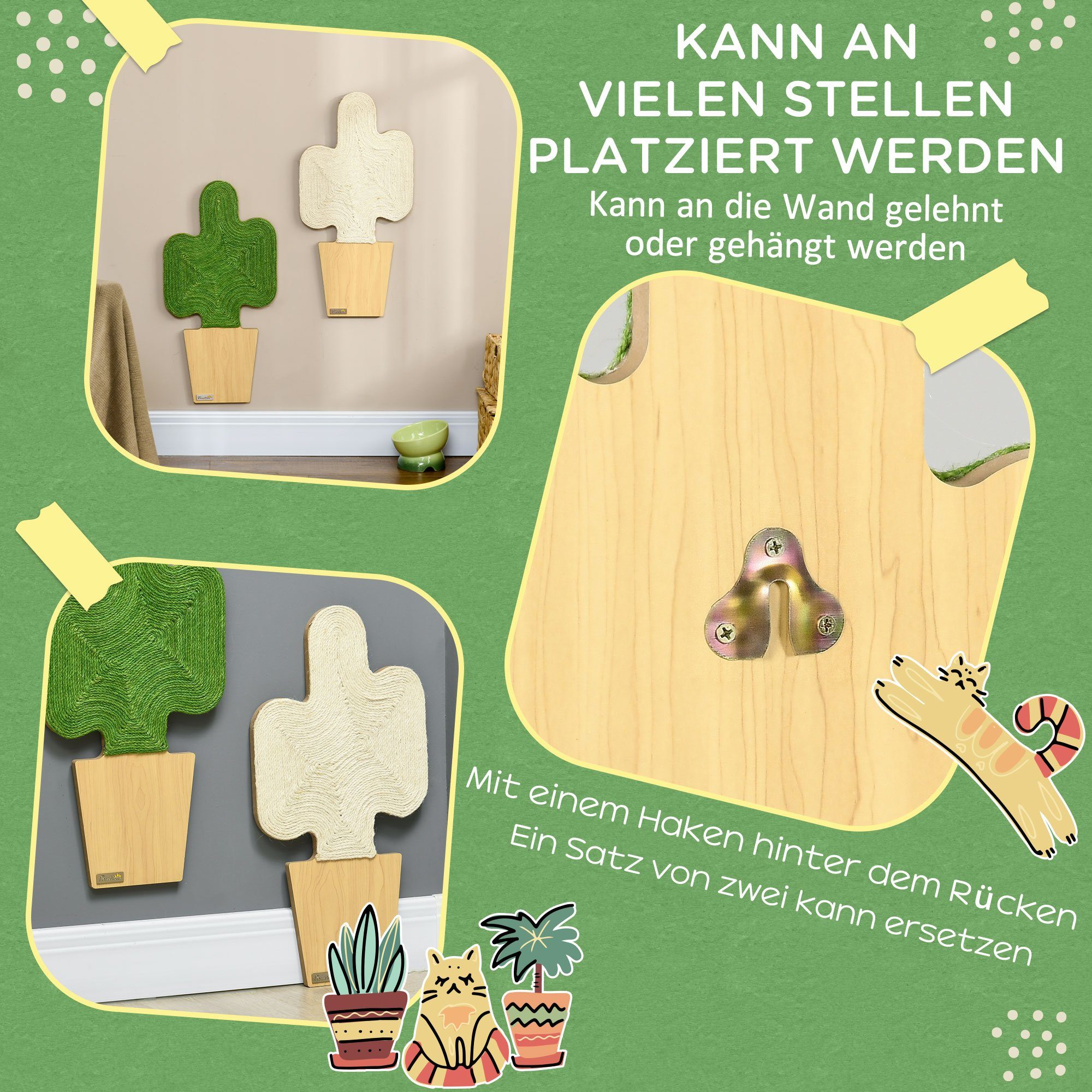 PawHut Kratzbrett Kratzmatte Katze, 2er Set Katzenkratzbretter aus Juteseil, (Kratzpappe, 2-tlg., Kratzwand), im Kakteen-Design, 30 x 60 cm