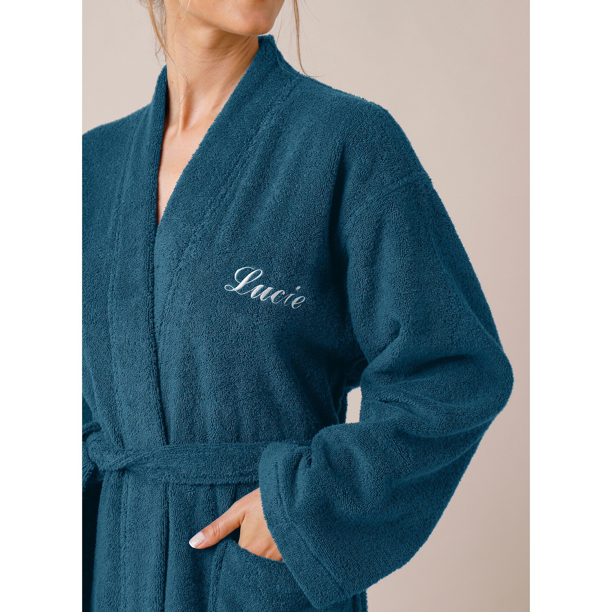 Peignoir mixte adulte uni coton éponge bouclette col kimono personnalisé