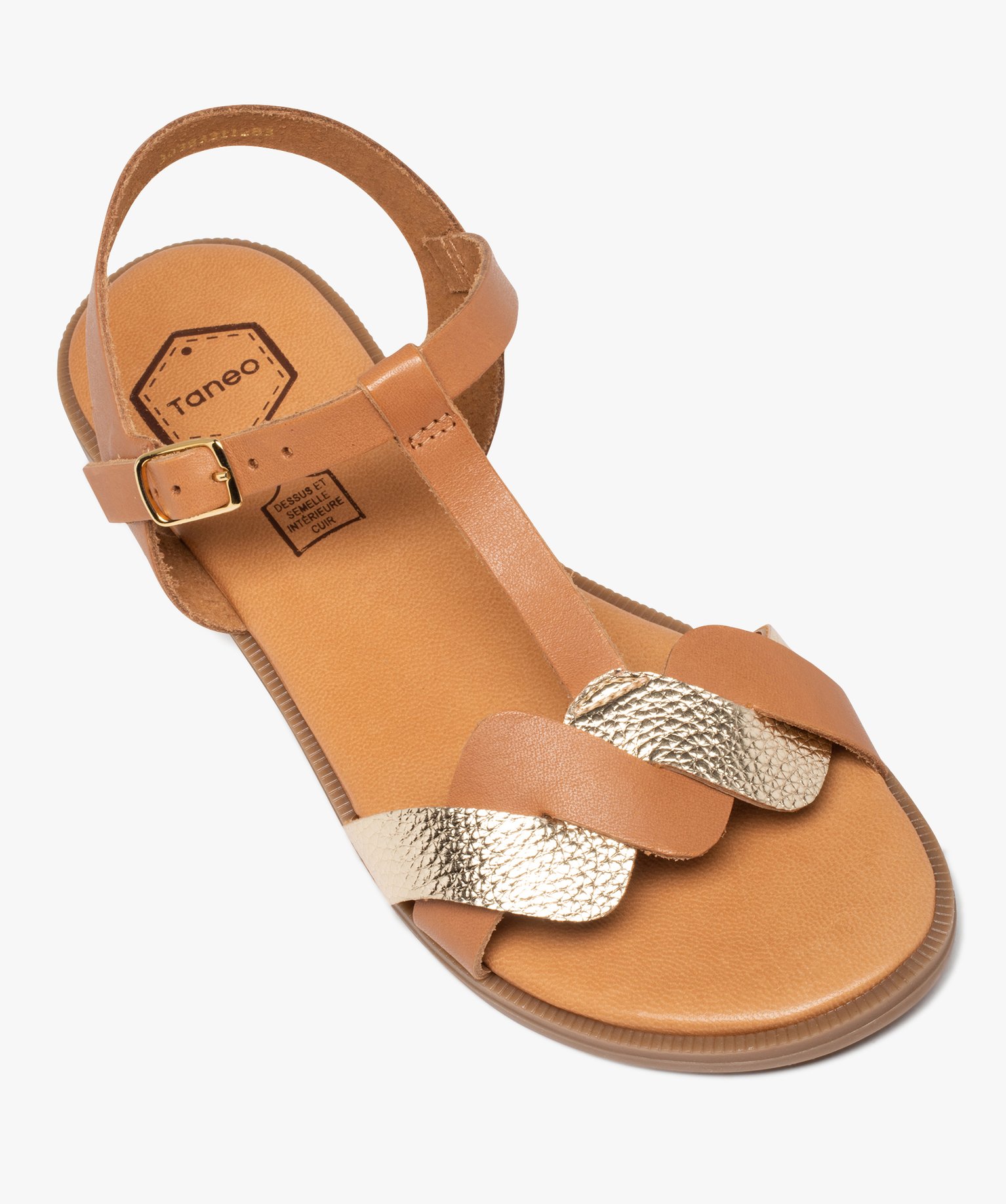 Sandales femme plates dessus cuir détails métal - Tanéo marron | GEMO
