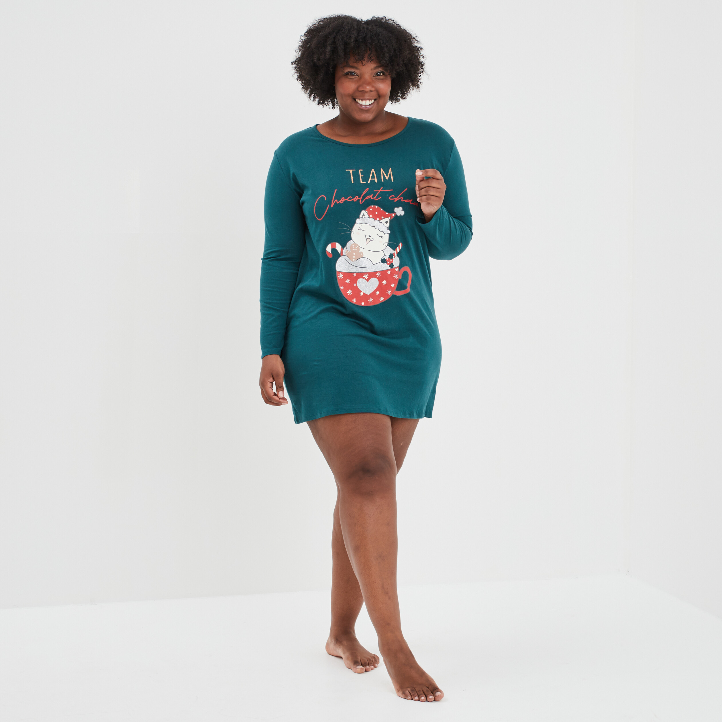 Chemise de nuit manches longues col rond vert canard femme grande taille | La Halle
