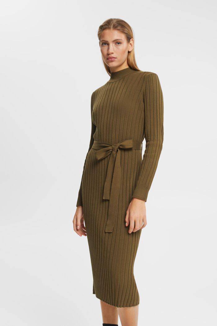 Rippstrick-Midikleid mit Stehkragen
