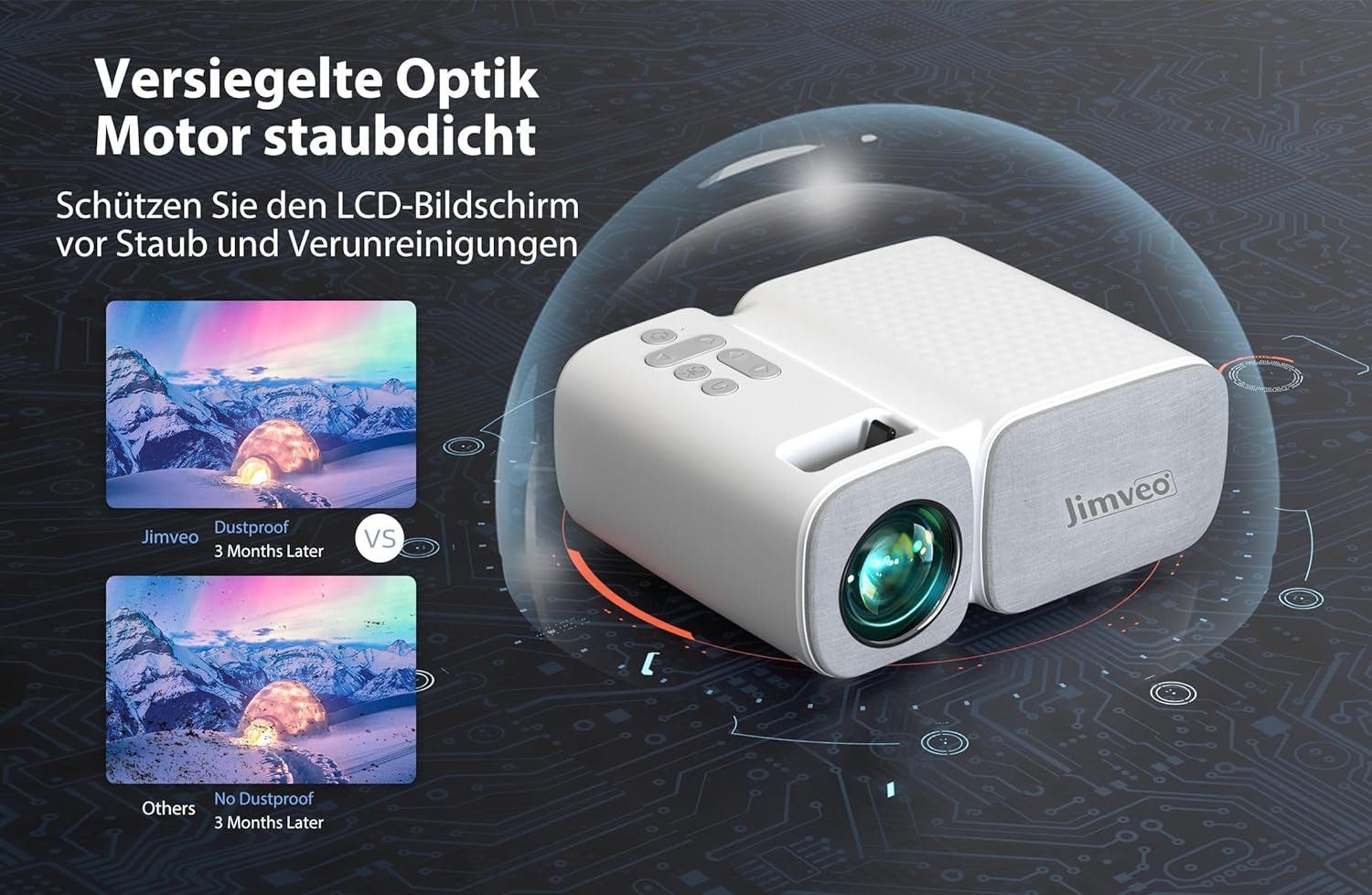 Jimveo Portabler Projektor (9000 lm, 3840 x 2160 px, 1080p Full HD Beamer 250''Display Mini Projektor LCD Heimkino Outdoor)