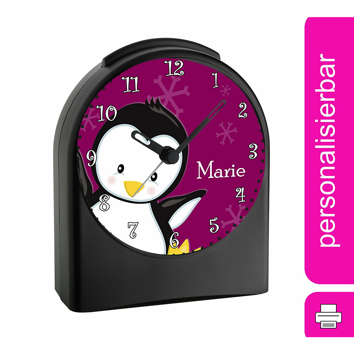 Kinder Funkwecker personalisiert mit Namen Pinguin Atom-/Funkuhr, 12-Stunden-Anzeigeformat, Schlummerfunktion, Nachtlicht, Geräuschlos/Ohne Ticken