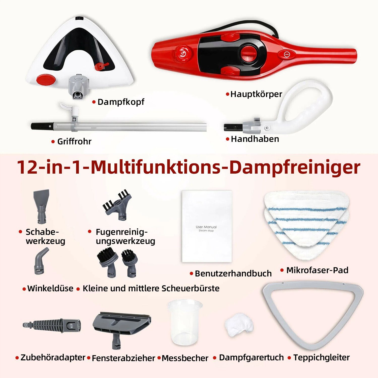 *Aiibot Dampfreiniger Dampfwischer, Dampfbesen, 1500,00 W, inkl. 2x Mikrofaser-Tuch, Mit 12 Zubehörteilen und 350-ml-Wassertank, 25-Sekunden-Schnellaufheizung
