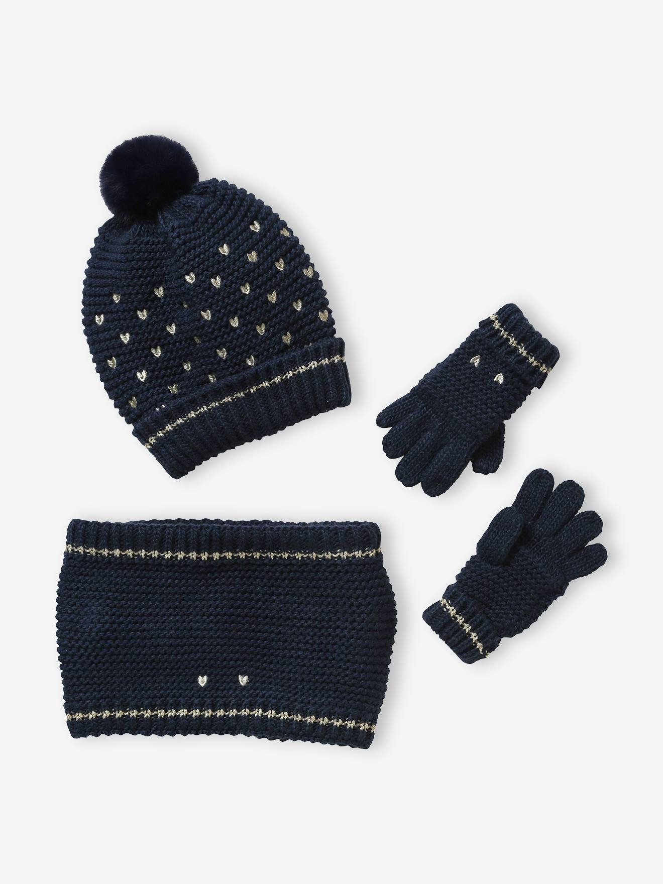 Ensemble bonnet + snood + gants coeurs fille encre imprimé