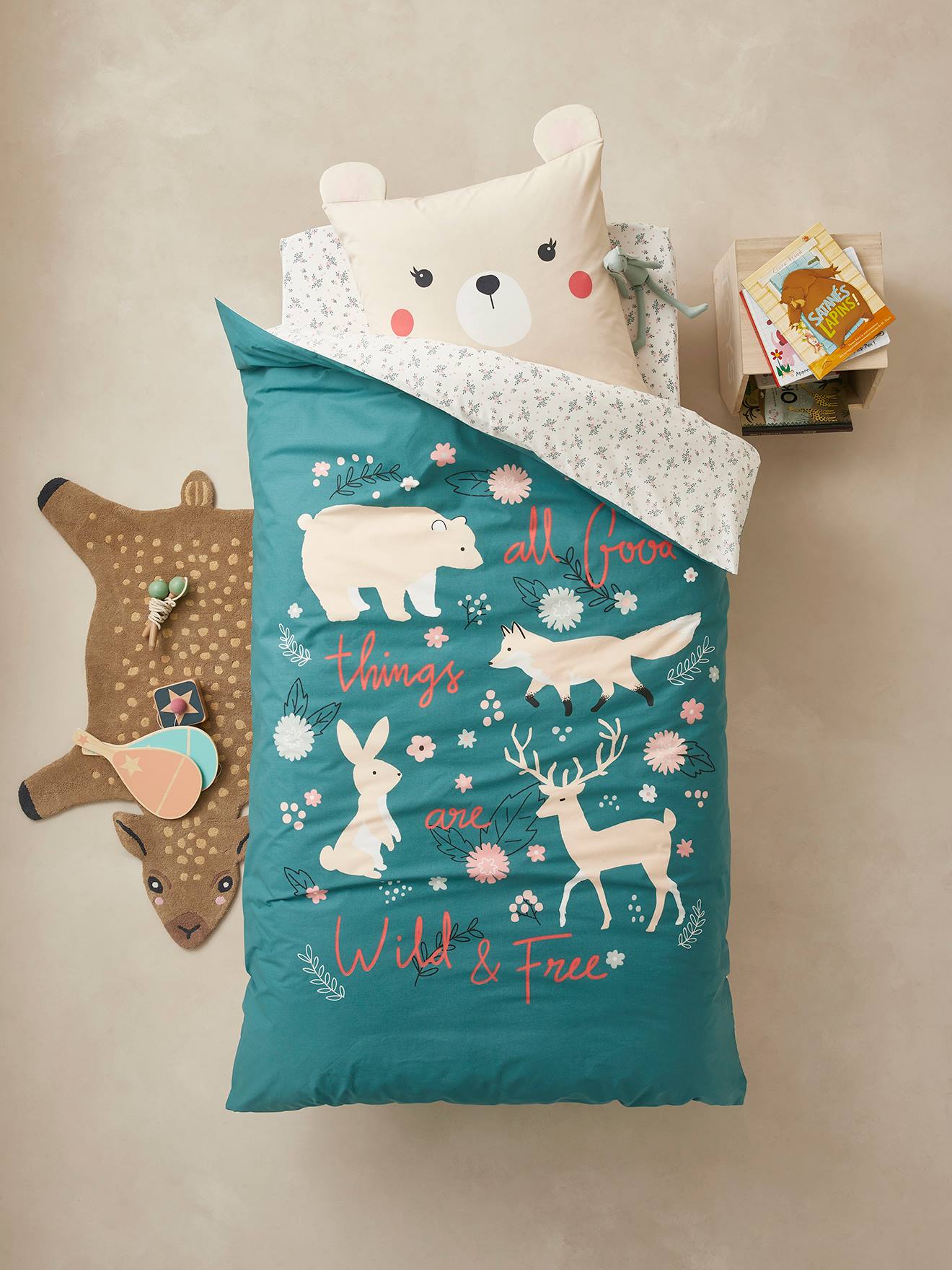 Parure housse de couette + taie d'oreiller enfant en coton bio* NATURE SAUVAGE bleu