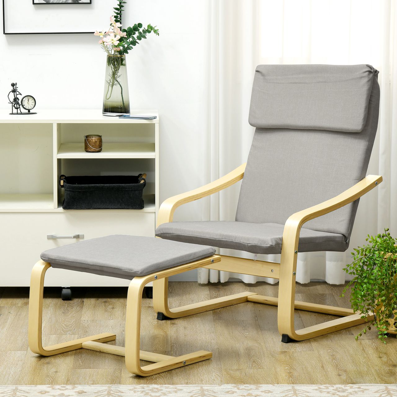 HOMCOM Relaxsessel mit Hocker, Armlehnen, Leinenoptik, Holzgestell, Hellgrau