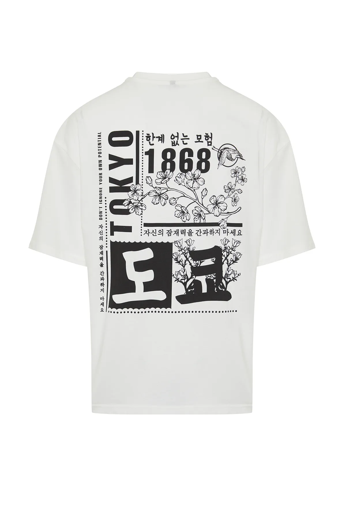 Trendyol Collection  Ecrufarbenes, übergroßes/weit geschnittenes, kurzärmliges, mit Fernost bedrucktes T-Shirt aus 100 % Baumwolle TMNSS23TS00170