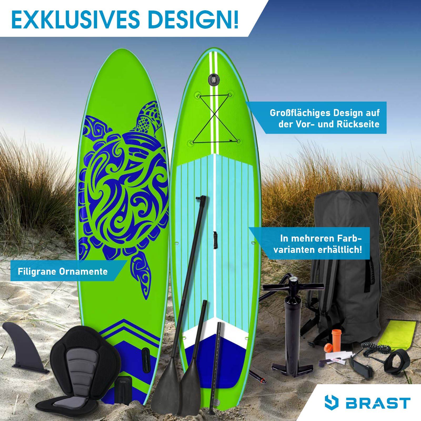 BRAST SUP-Board BRAST SUP Board SUPER Set Aufblasbares Stand up Paddle mit extra Zubehör 320x81x15cm Grün incl. Kajaksitz Kamerahalterung Paddel Fußschleife Rucksack Pumpe