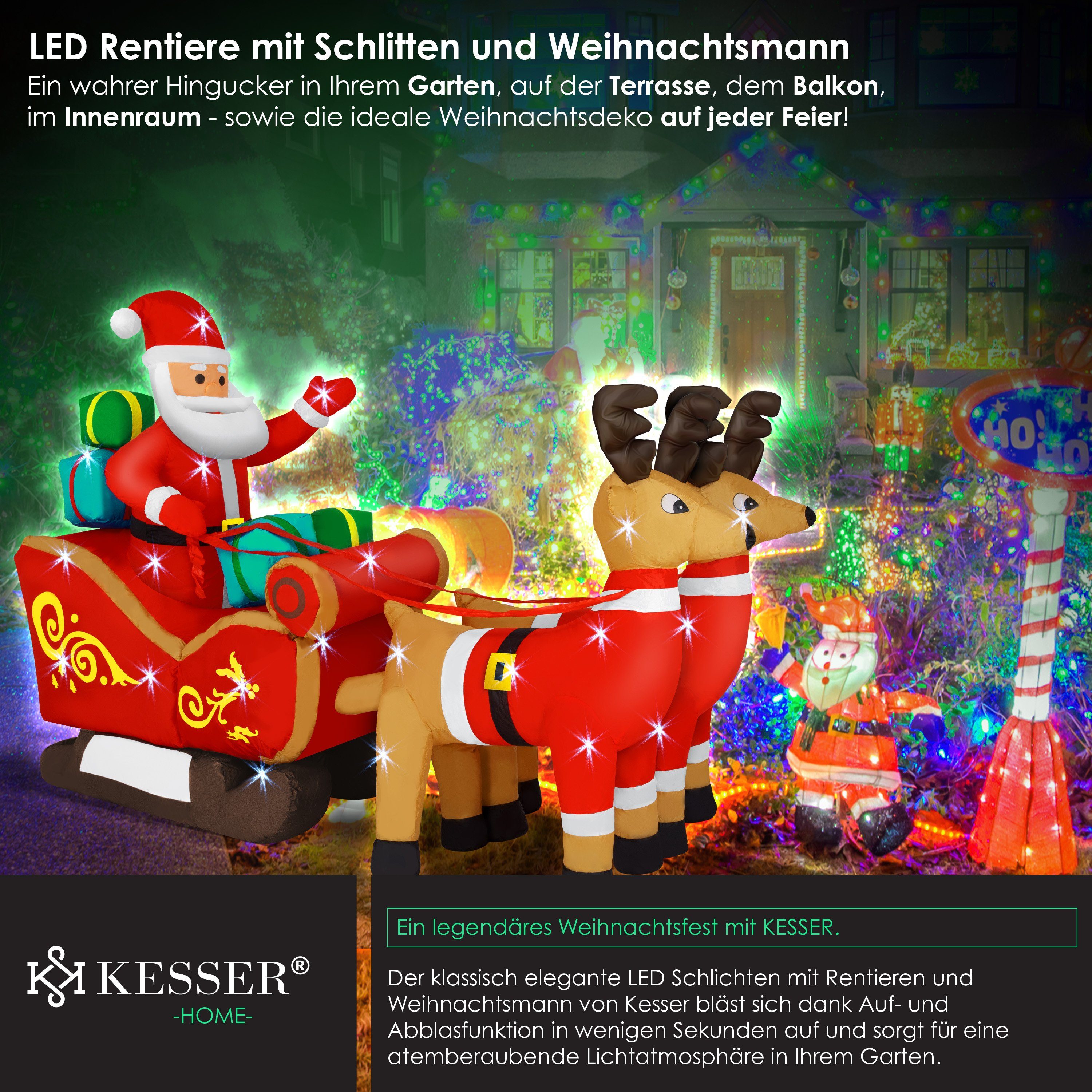 KESSER Weihnachtsfigur, Aufblasbarer Weihnachtsmann Schlitten XXL Nikolaus Rentier