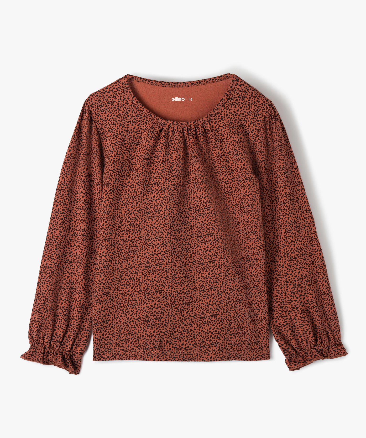 Tee-shirt fille imprimé à manches longues et fronces marron | GEMO