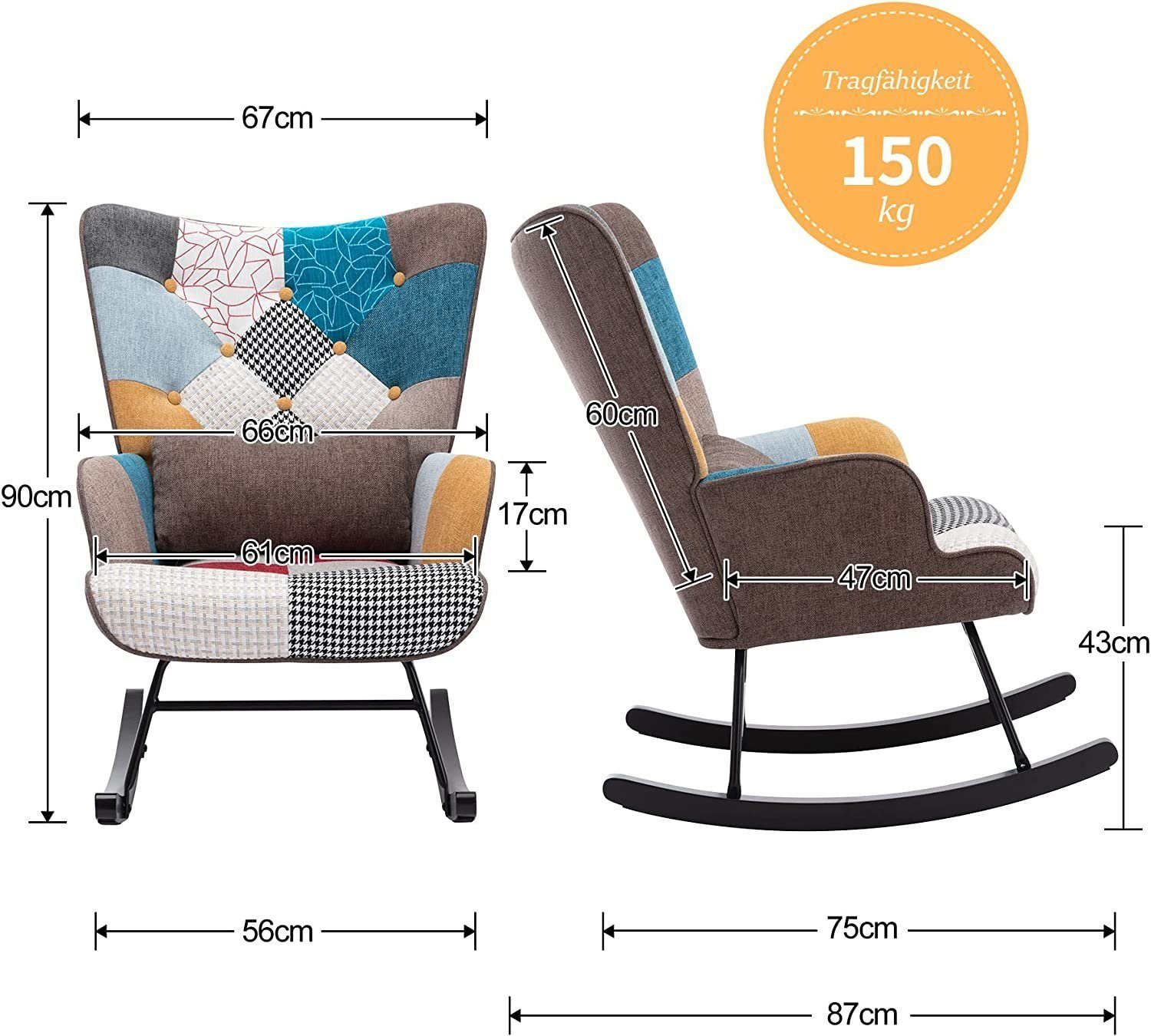 HomeMiYN Schaukelstuhl Schaukelstuhl Patchwork Sessel Schwingsessel Relaxstuhl Wohnzimmer, Aus holz
