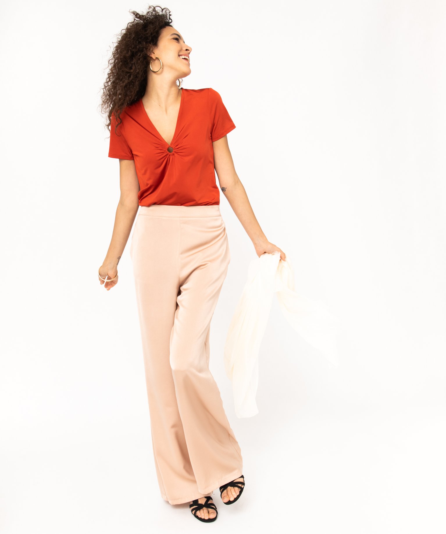 Tee-shirt à manches courtes avec décolleté en V femme orange | GEMO