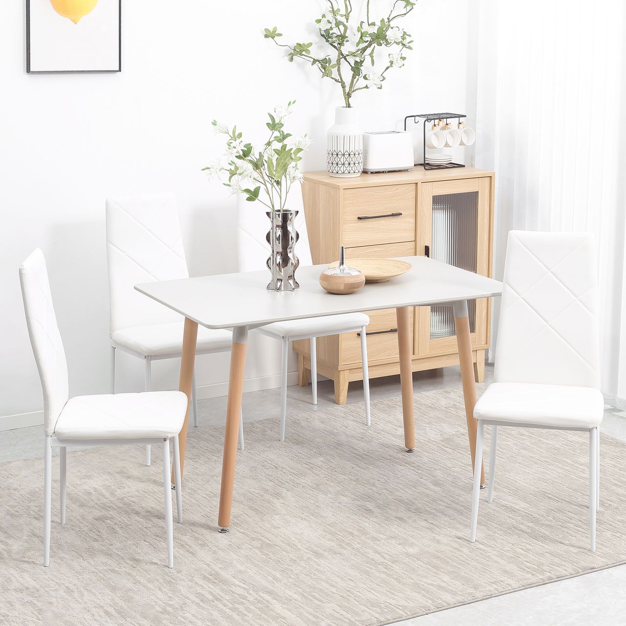 HOMCOM Esszimmerstuhl, 4er-Set Küchenstuhl, Gepolsterte Esszimmerstühle, Weiß