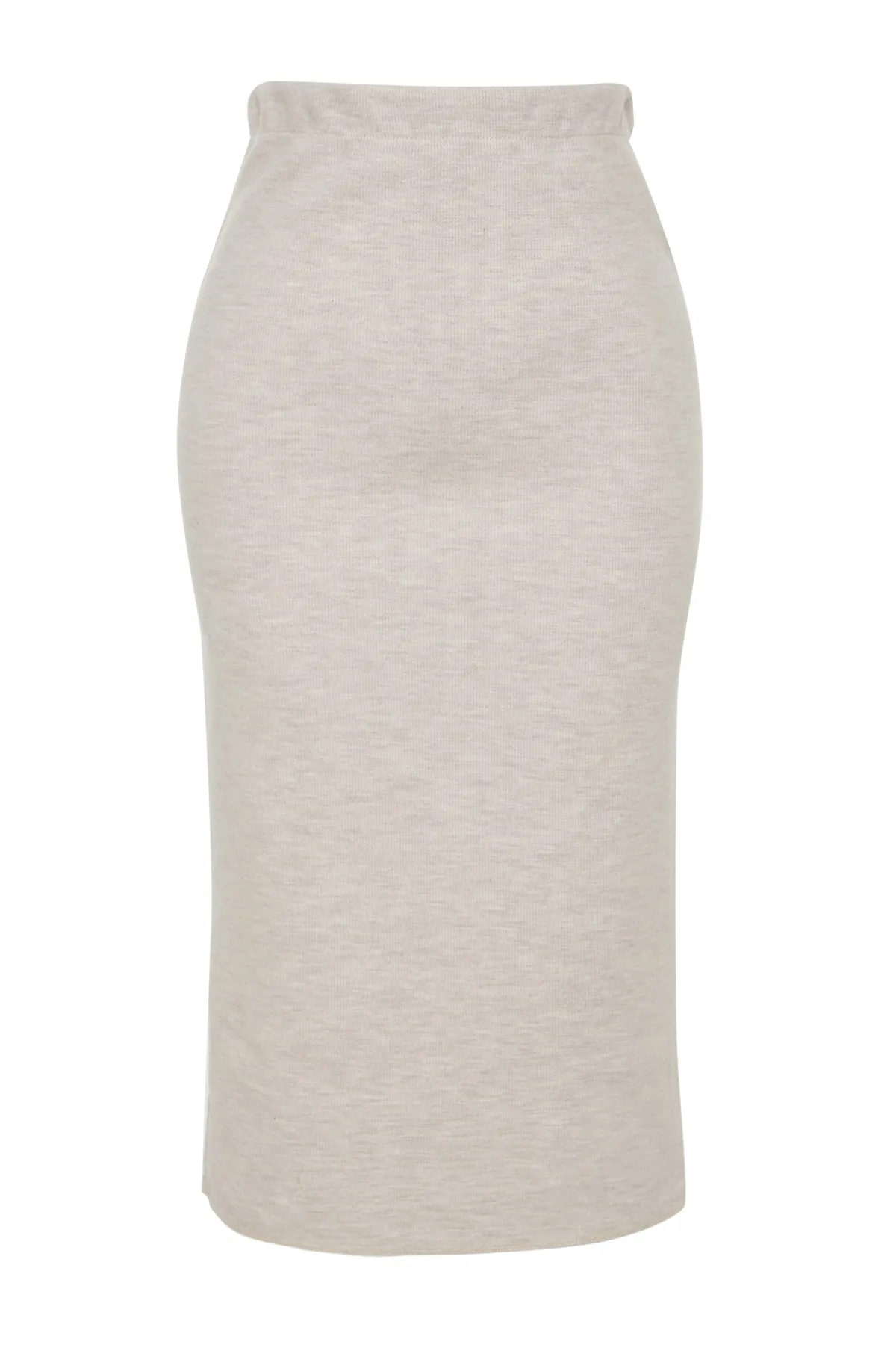 Trendyol Collection  Beigefarbener Midi-Bleistift-Strickrock Thessaloniki/Strickoptik mit normaler Taille TWOAW24ET00030