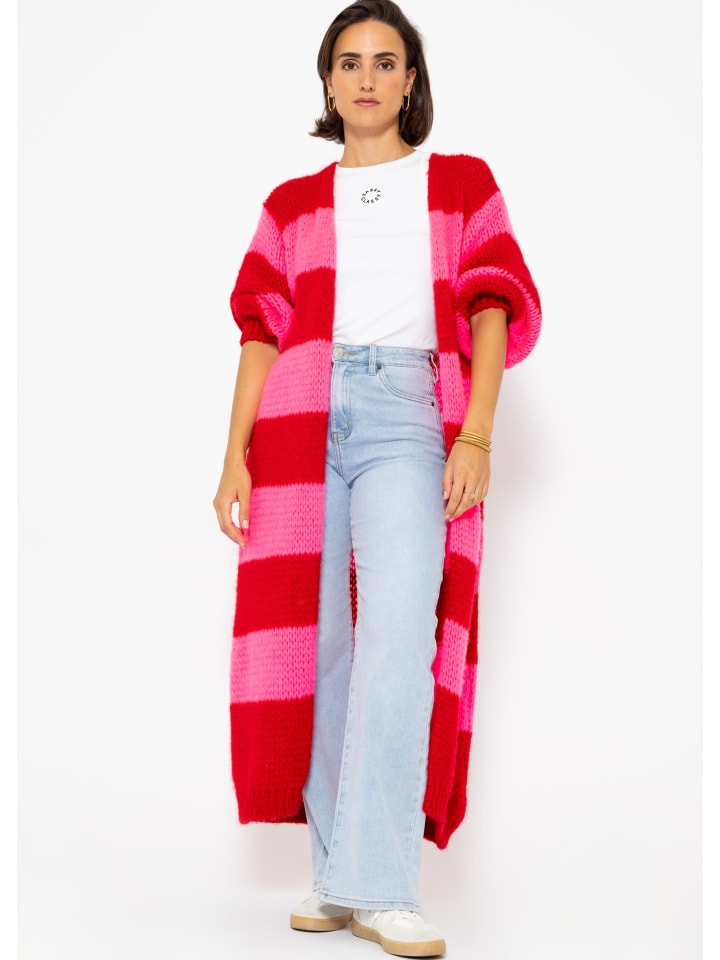 SASSYCLASSY Langer Cardigan mit Blockstreifen in Rot günstig kaufen