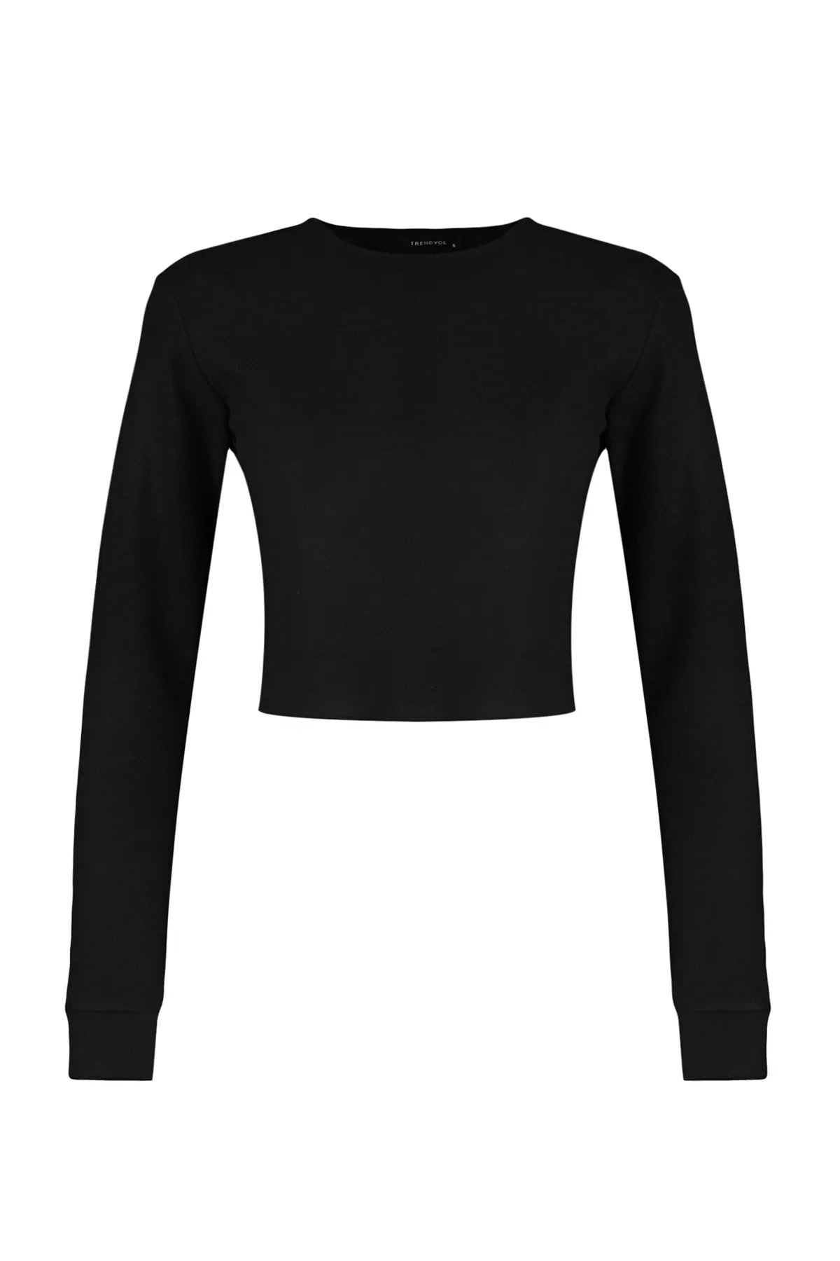 Trendyol Collection  Schwarze, schulterfreie, bauchfreie Strickbluse mit Rundhalsausschnitt und Selanik-/Strickwaren-Look TWOAW24BZ00168