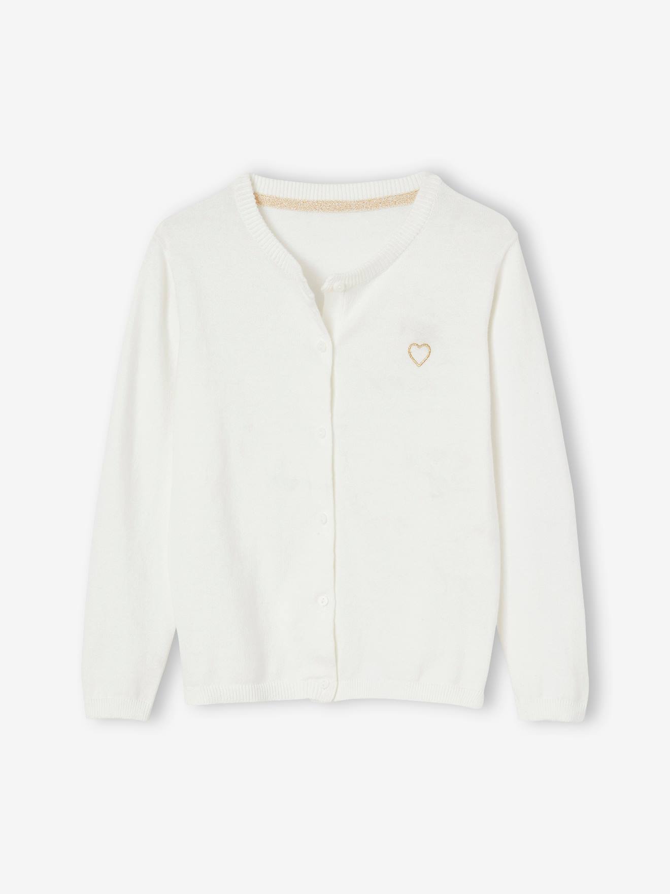 Vertbaudet Mädchen Strickjacke mit gesticktem Glitzerherz BASIC, personalisierbar - wollweiß