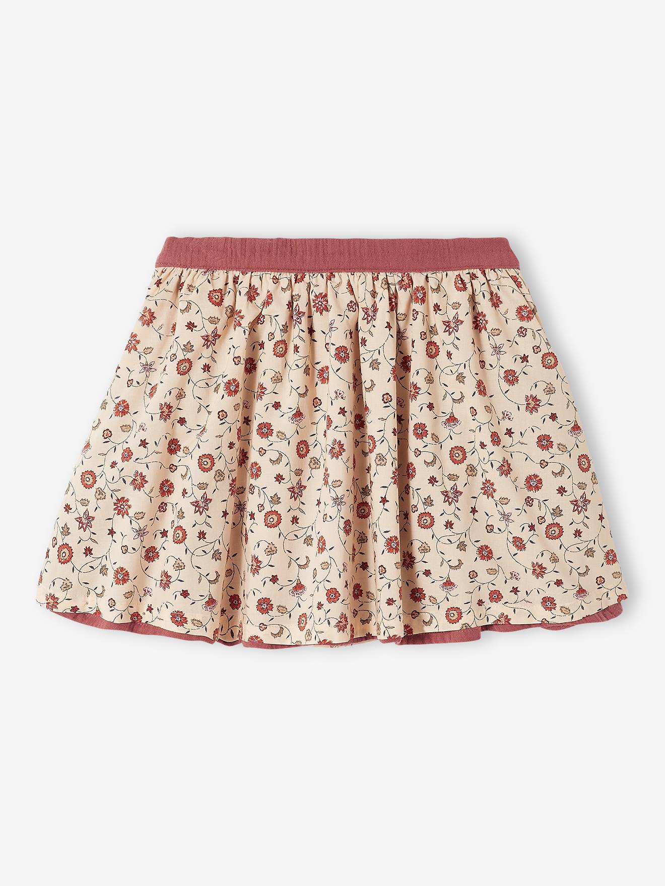 Jupe réversible fille en gaze de coton et imprimé fleurs bleu