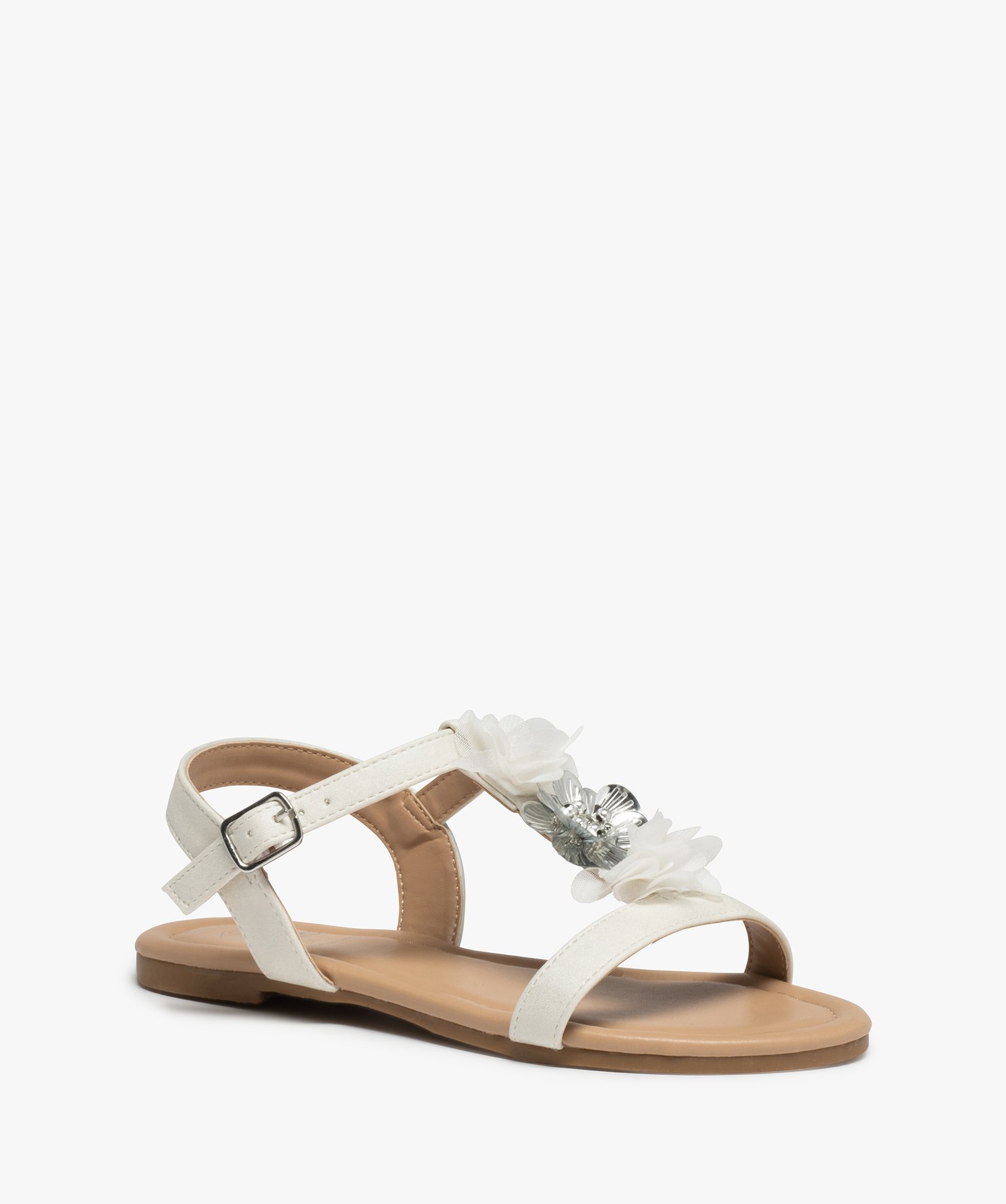 Sandales filles à talon plat et fleurs en tulle blanc | GEMO